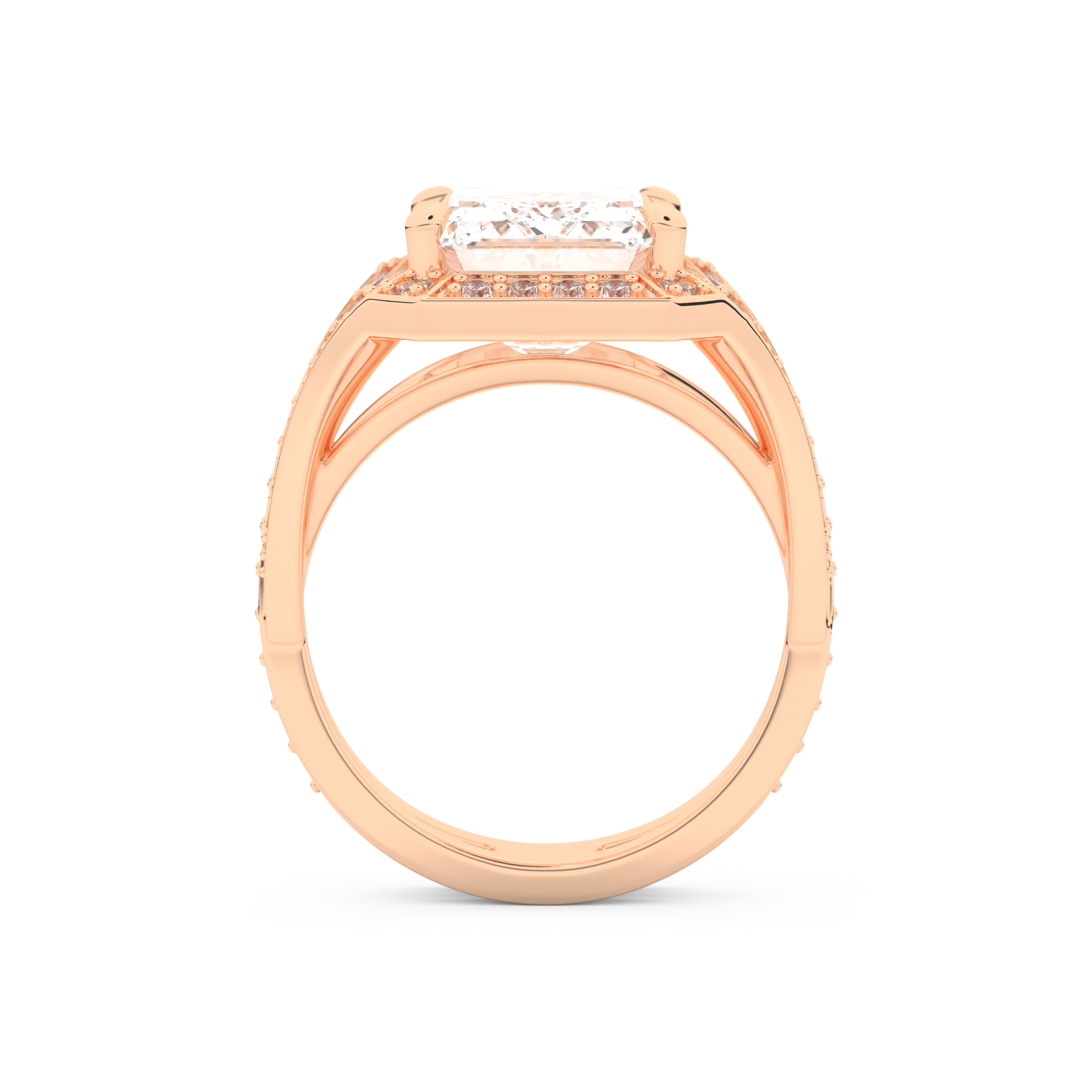 Elongated Emerald Cut 5.75 Carat Moissanite Ring – Split Shank & Pave Setting in Gold