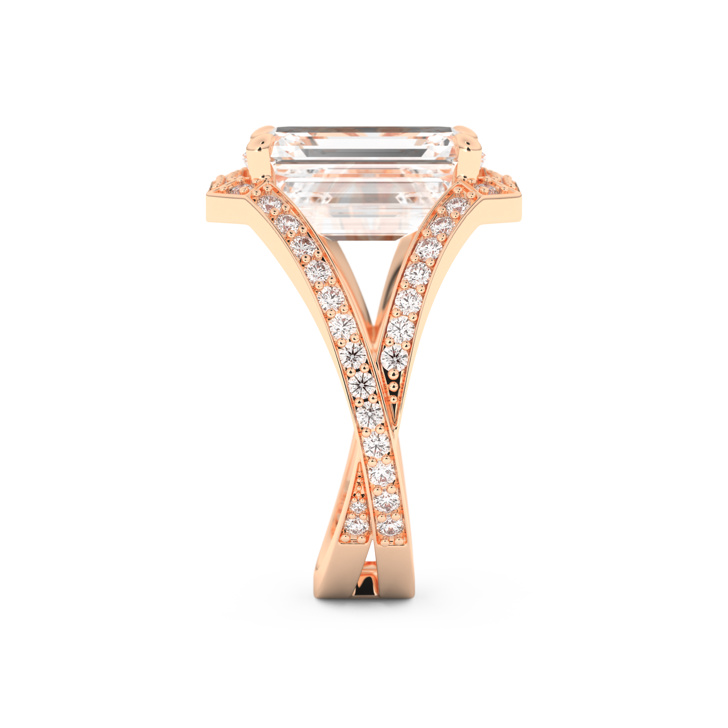 Elongated Emerald Cut 5.75 Carat Moissanite Ring – Split Shank & Pave Setting in Gold