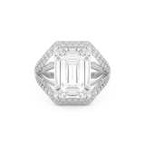 Elongated Emerald Cut 5.75 Carat Moissanite Ring – Split Shank & Pave Setting in Gold