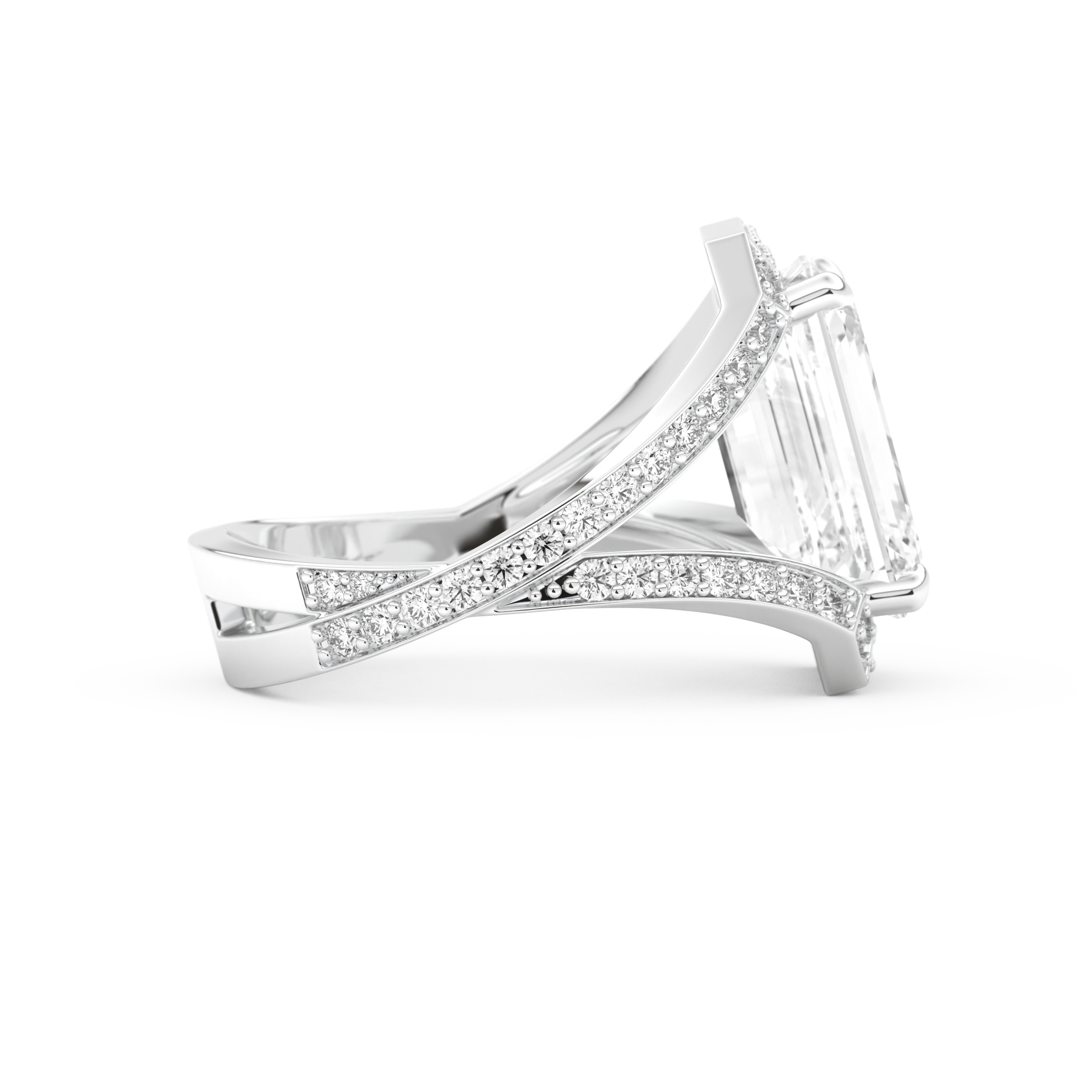 Elongated Emerald Cut 5.75 Carat Moissanite Ring – Split Shank & Pave Setting in Gold