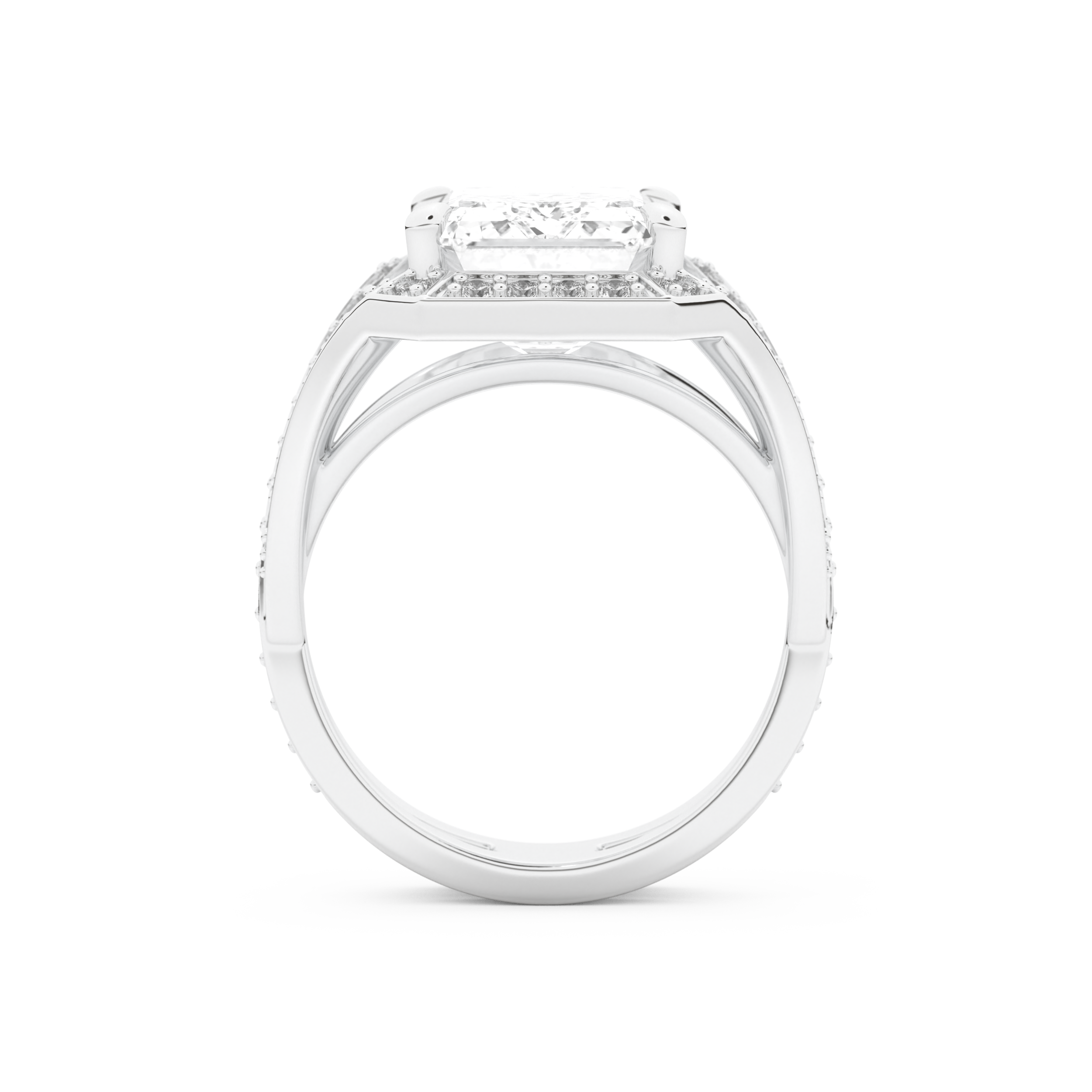 Elongated Emerald Cut 5.75 Carat Moissanite Ring – Split Shank & Pave Setting in Gold
