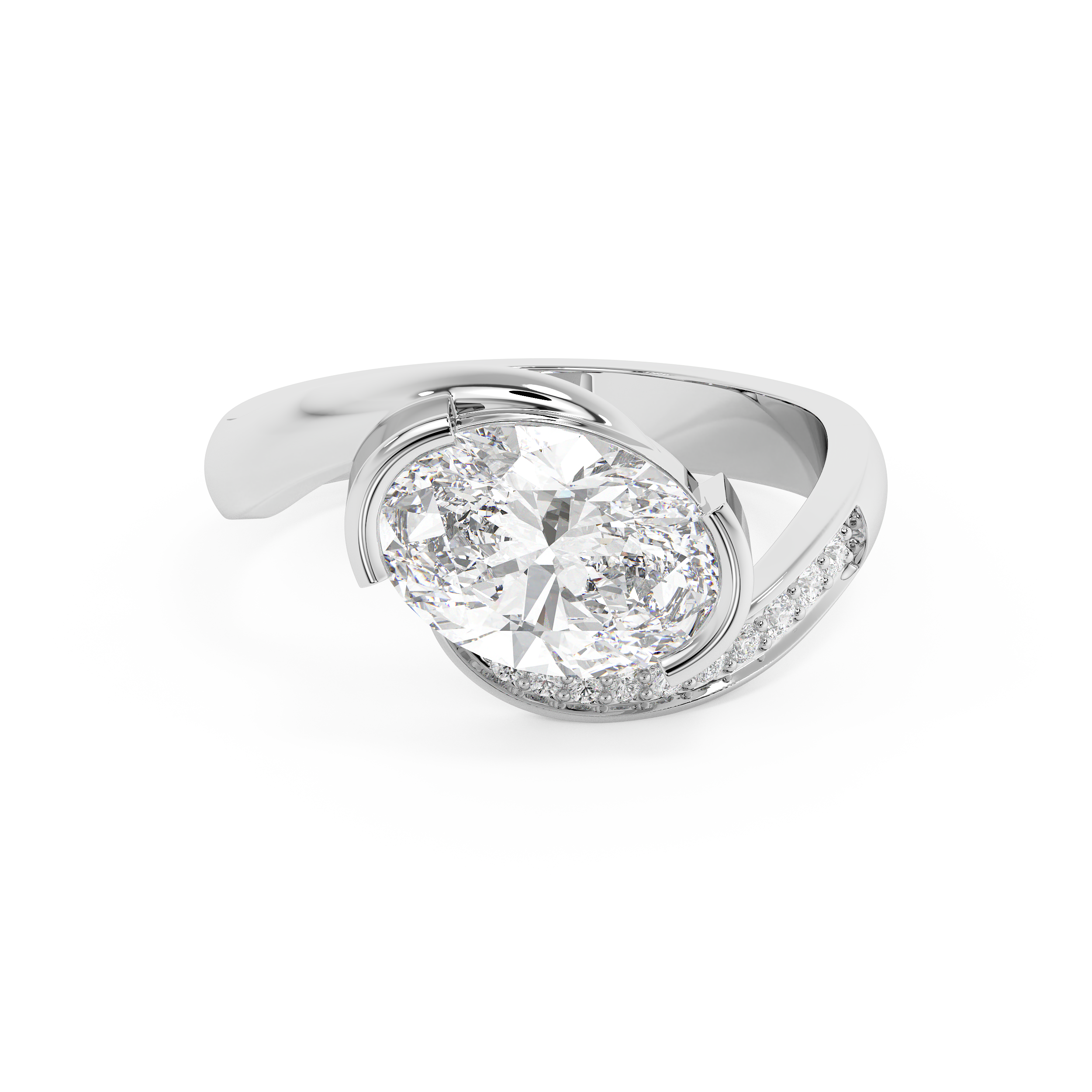East West Oval Semi Pave Lab Grown Diamond Engagement Ring