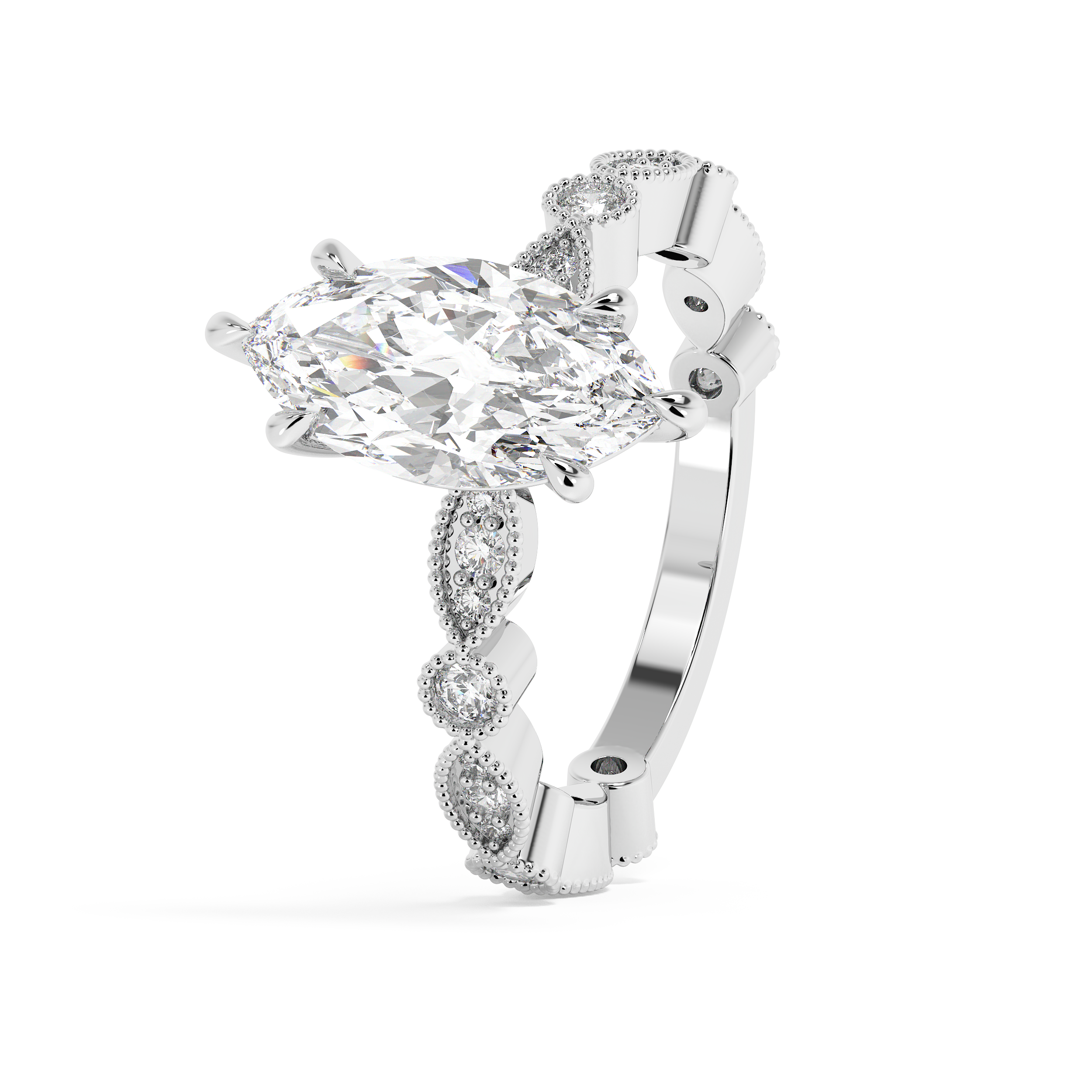 Marquise Milgrain Pave Lab Grown Diamond Engagement Ring