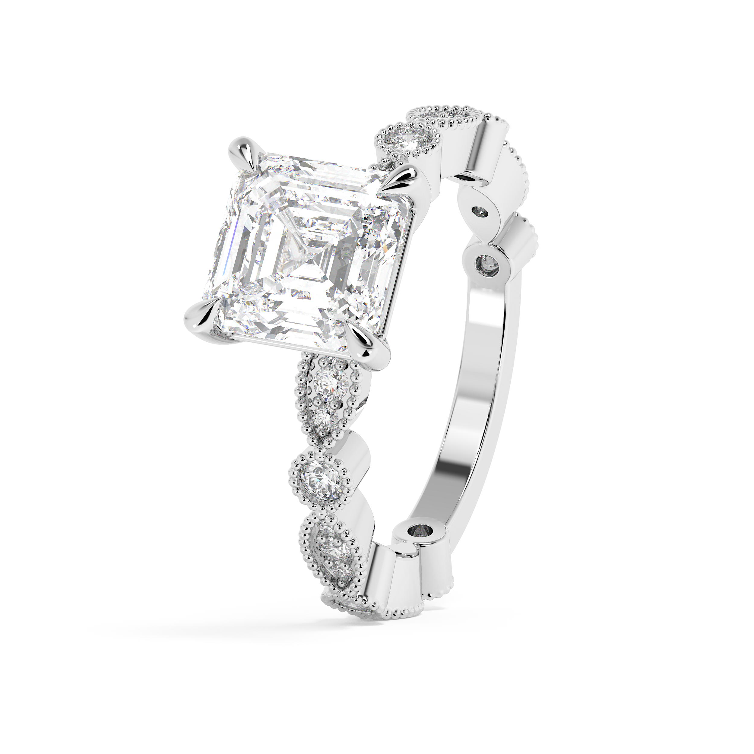 Asscher Milgrain Pave Lab Grown Diamond Engagement Ring