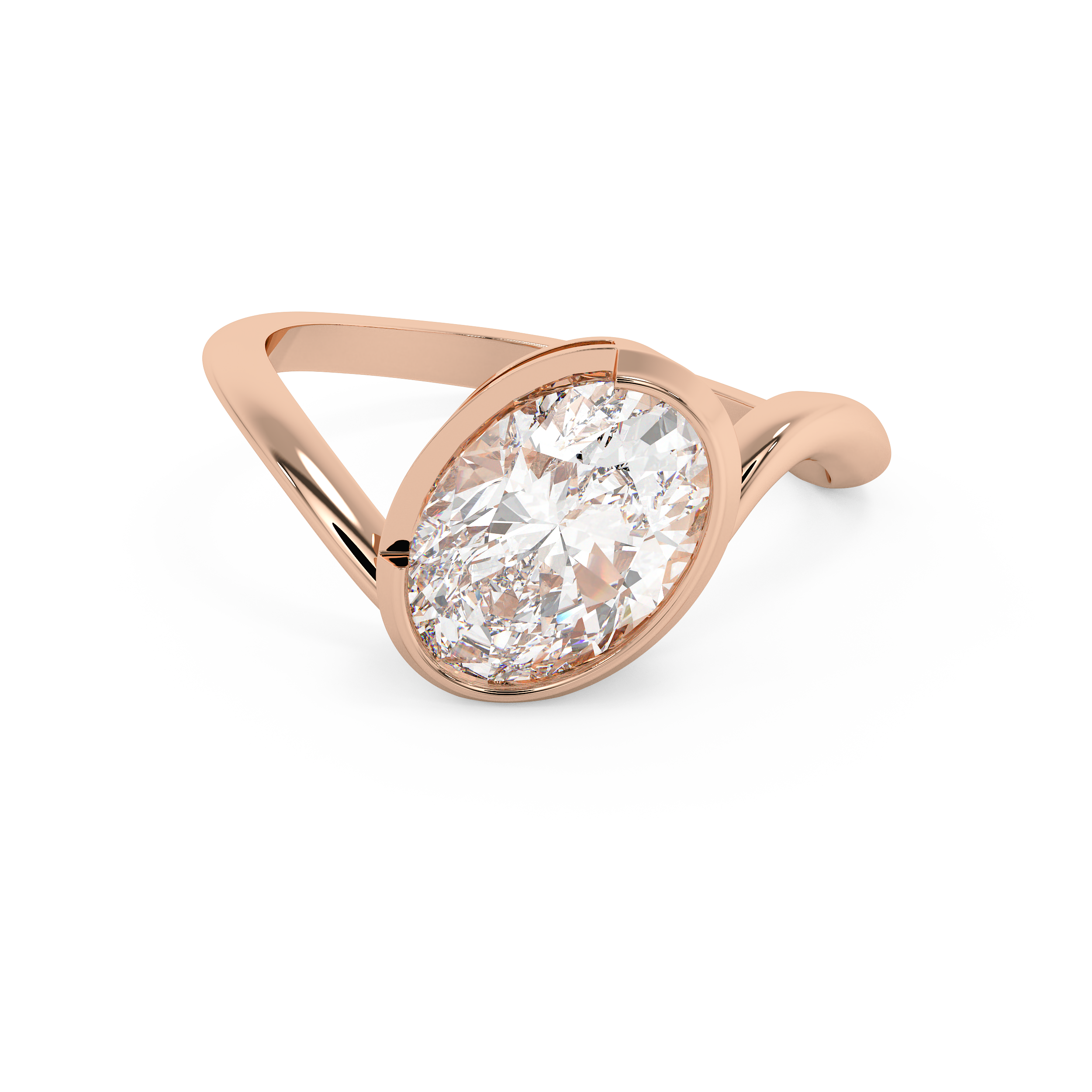 East West Oval Solitaire Half Bezel Waved Lab Grown Diamond Engagement Ring