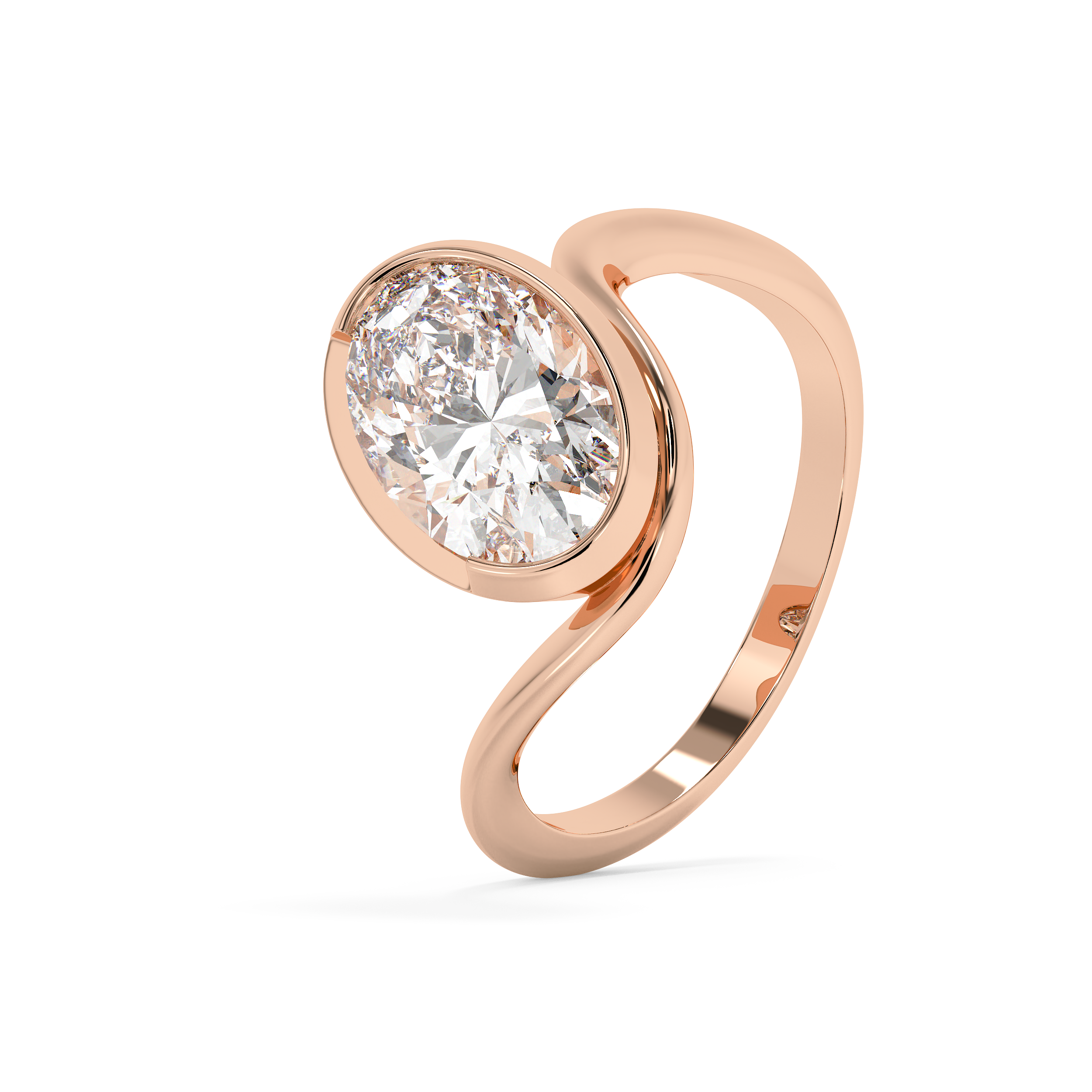 East West Oval Solitaire Half Bezel Waved Lab Grown Diamond Engagement Ring