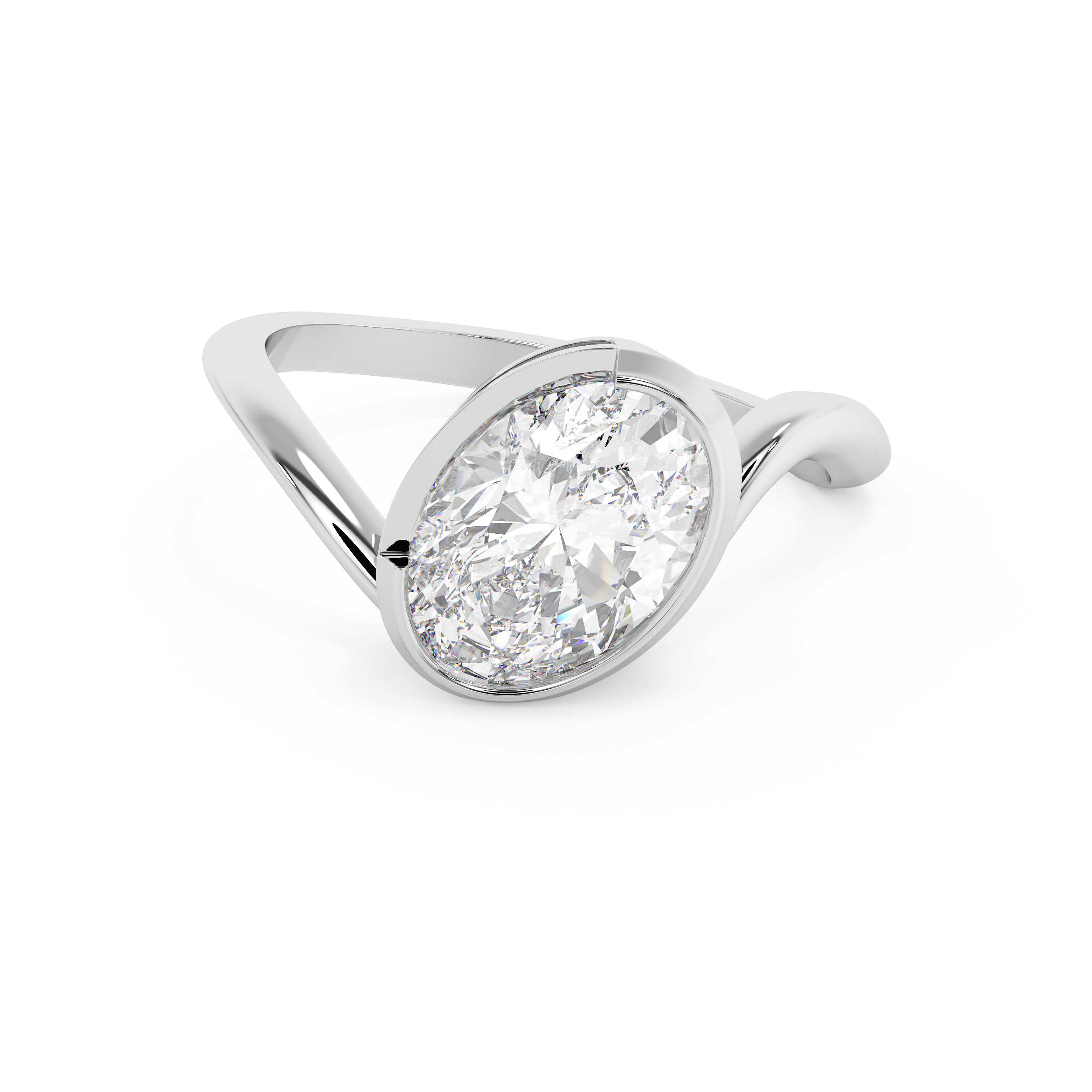 East West Oval Solitaire Half Bezel Waved Lab Grown Diamond Engagement Ring