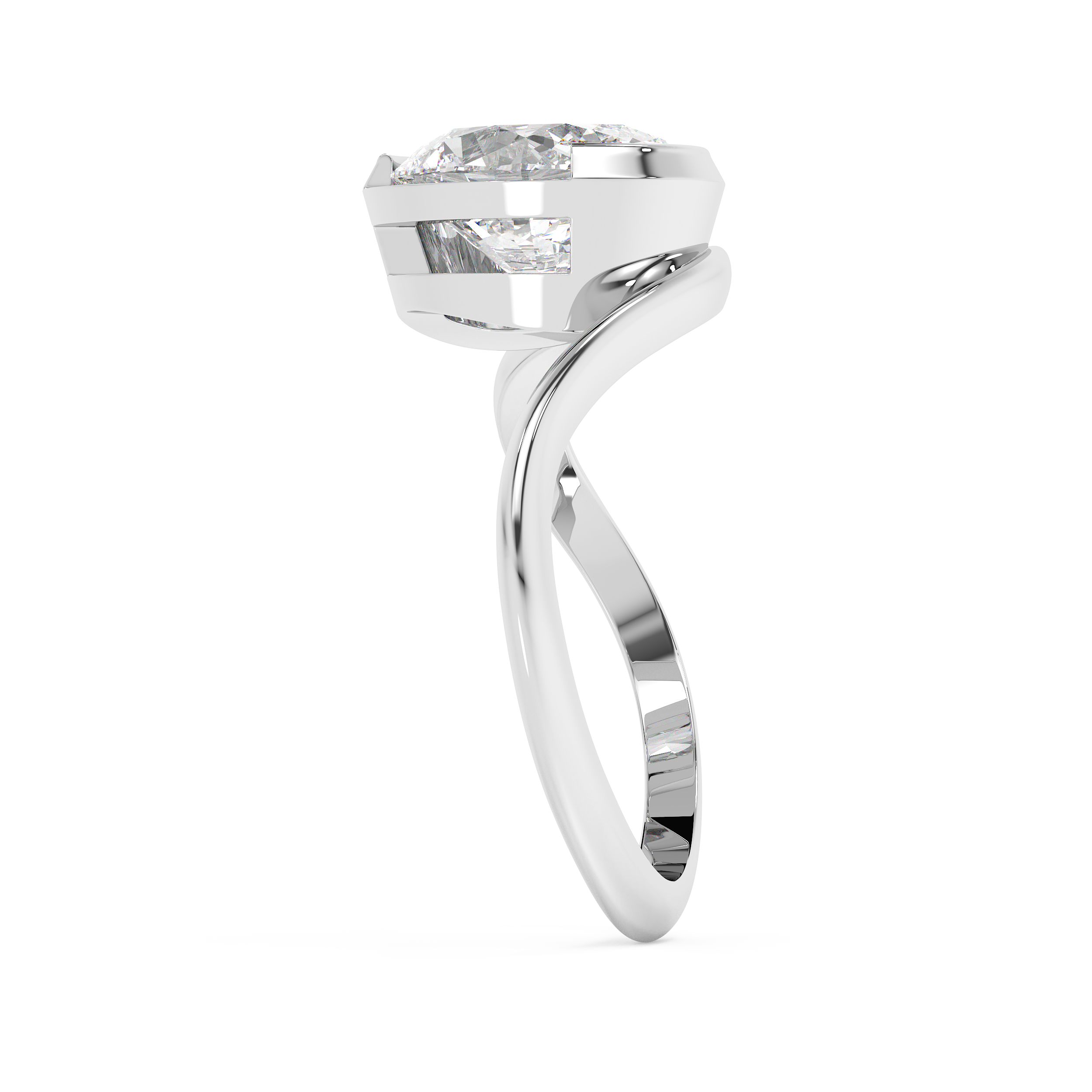 East West Oval Solitaire Half Bezel Waved Lab Grown Diamond Engagement Ring