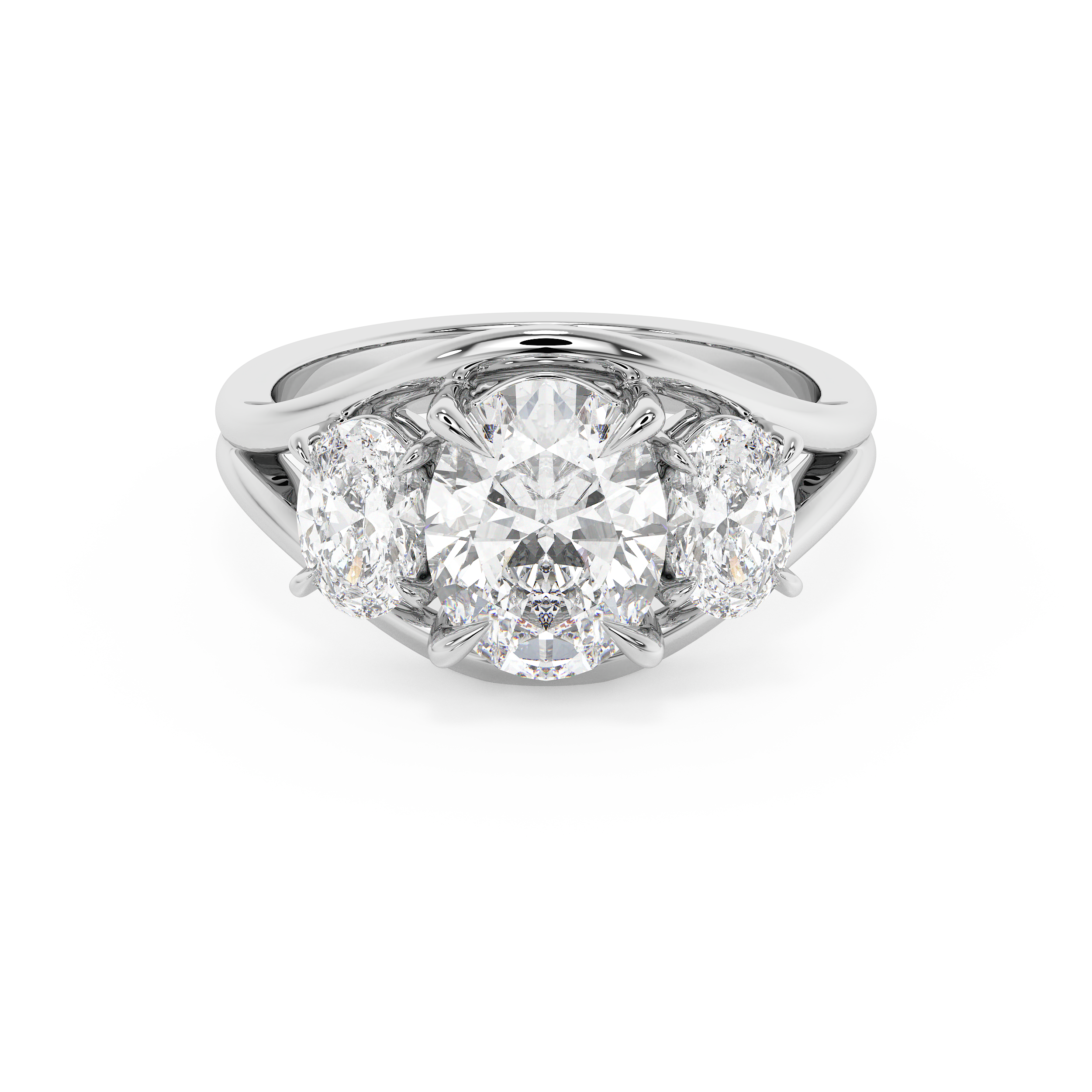 Oval Three Stone Split Shank Lab Grown Diamond Engagement Ring