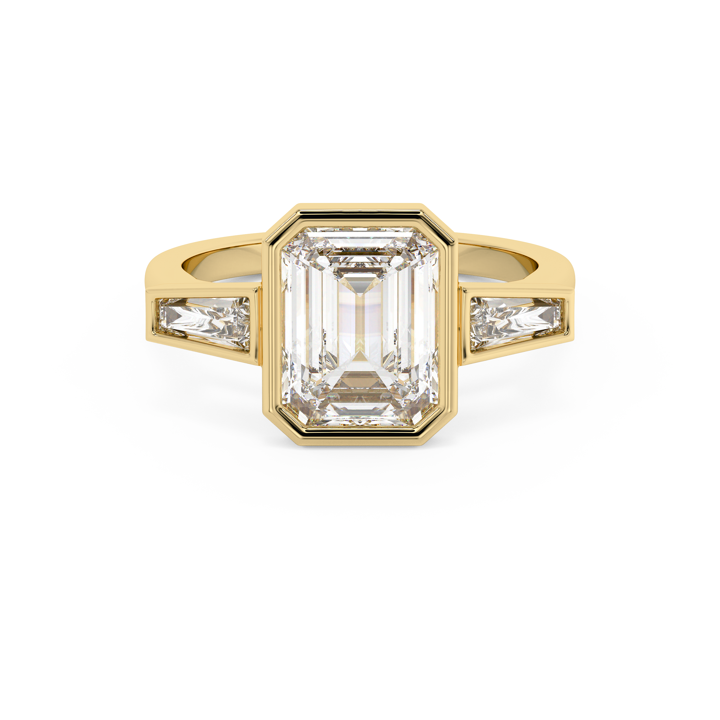 Emerald Bezel Three Stone Lab Grown Diamond Engagement Ring