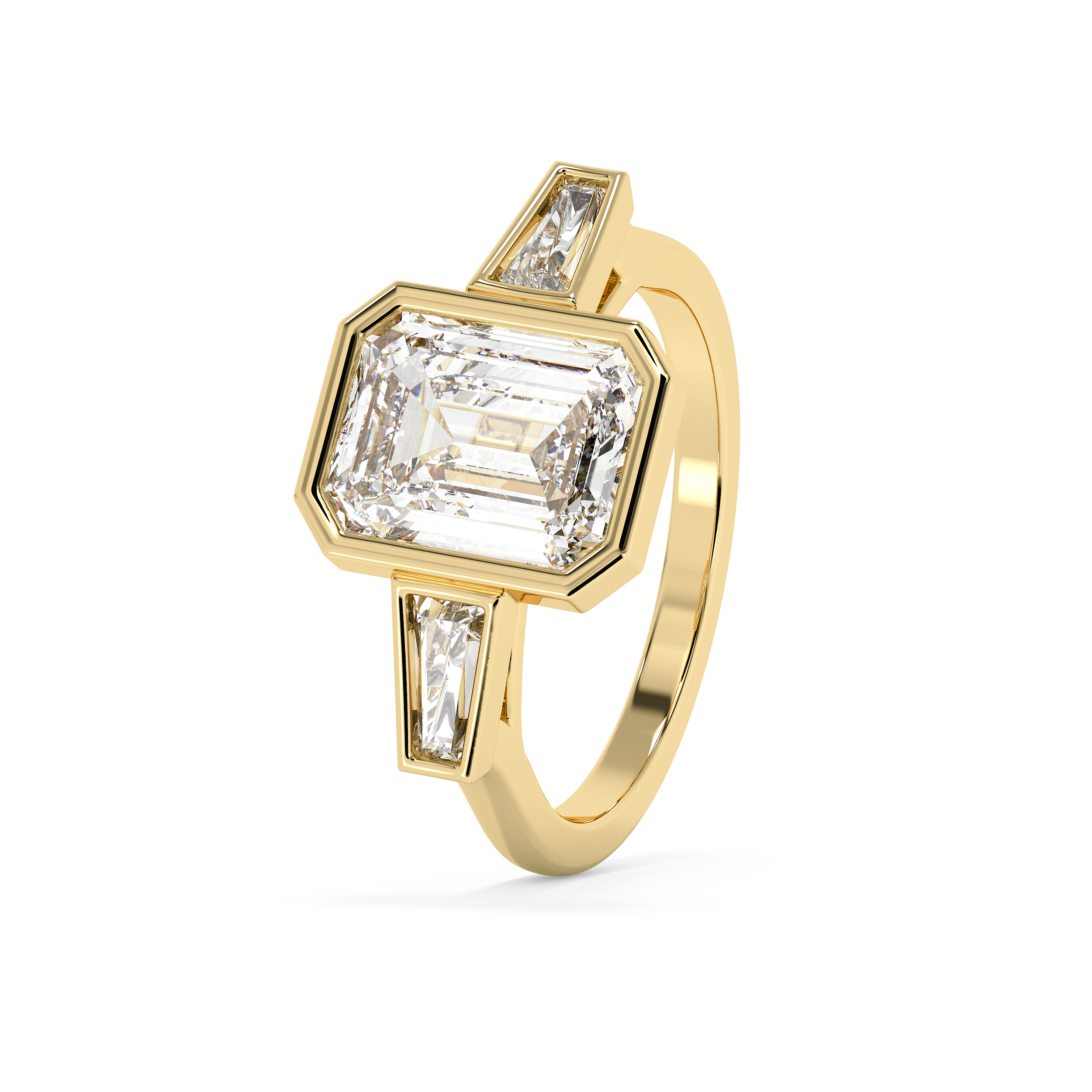 Emerald Bezel Three Stone Lab Grown Diamond Engagement Ring