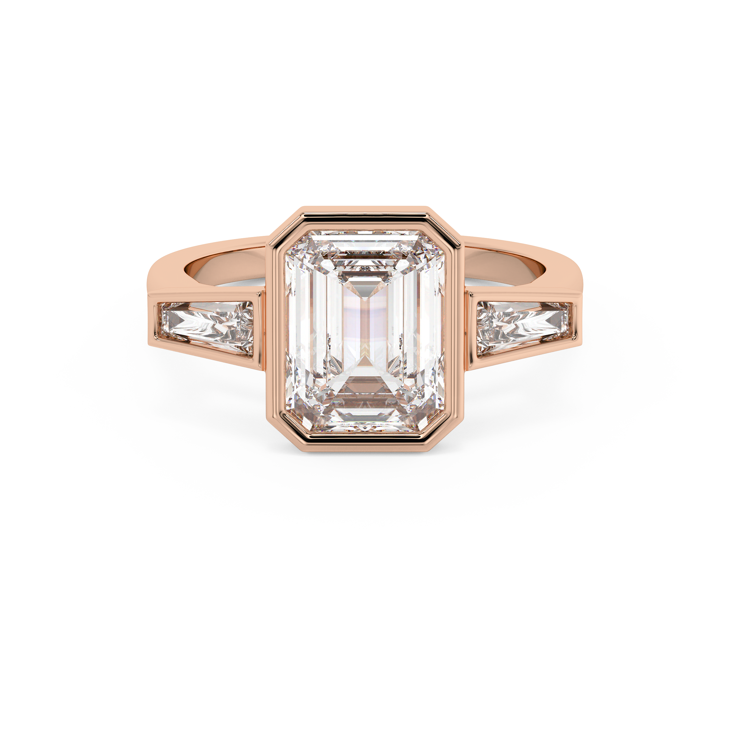 Emerald Bezel Three Stone Lab Grown Diamond Engagement Ring