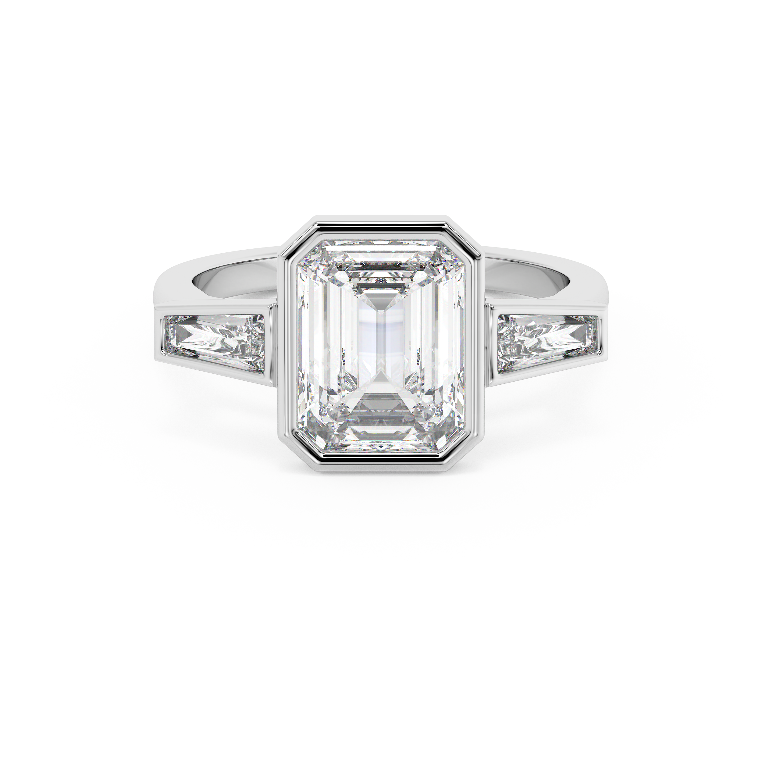 Emerald Bezel Three Stone Lab Grown Diamond Engagement Ring