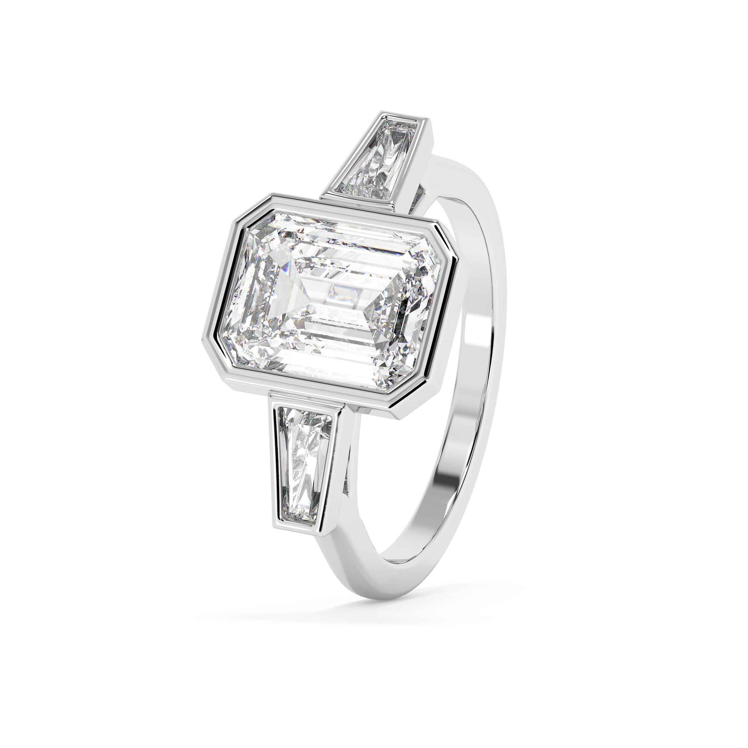 Emerald Bezel Three Stone Lab Grown Diamond Engagement Ring