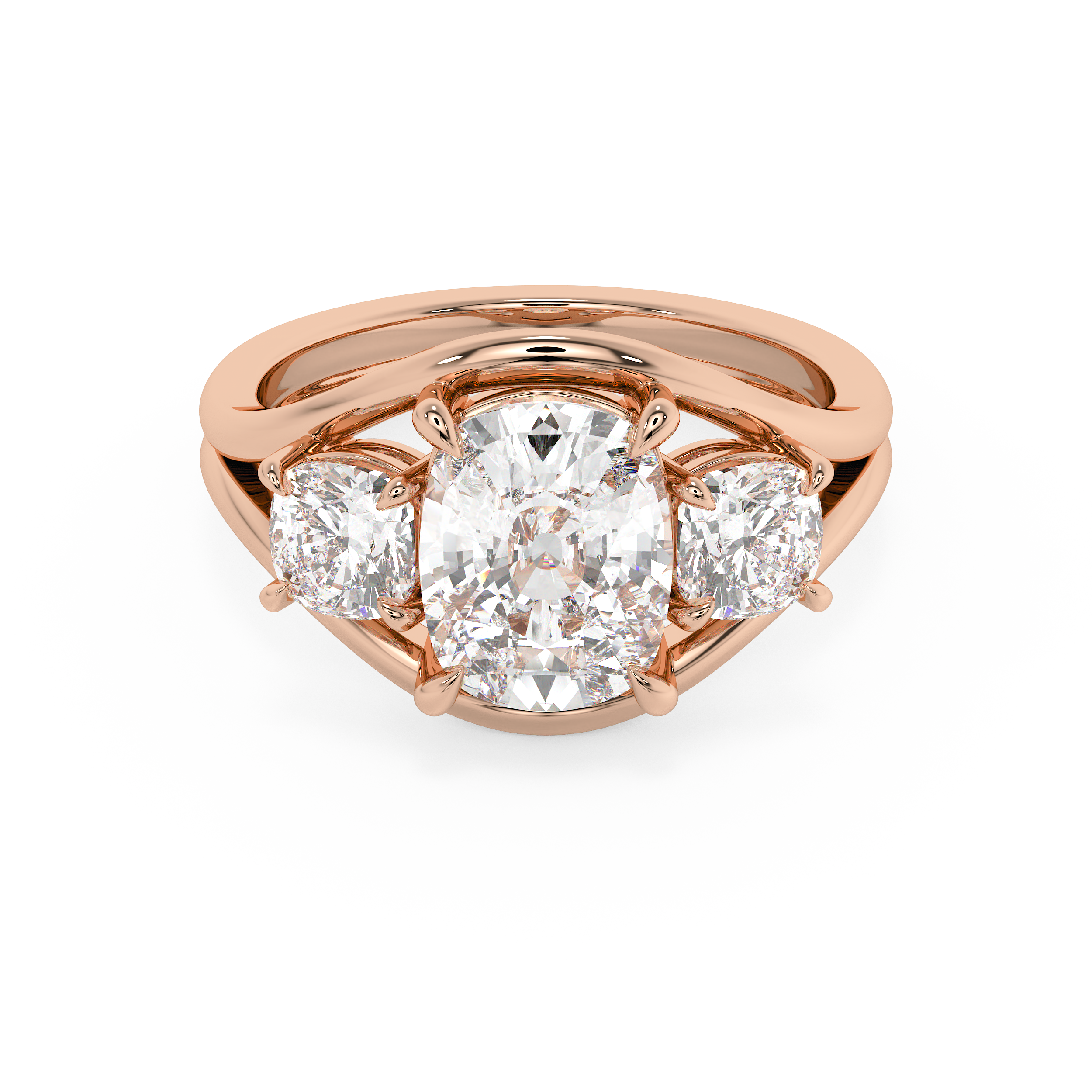 Elongated Cushion Three Stone Split Shank Lab Grown Diamond Engagement Ring