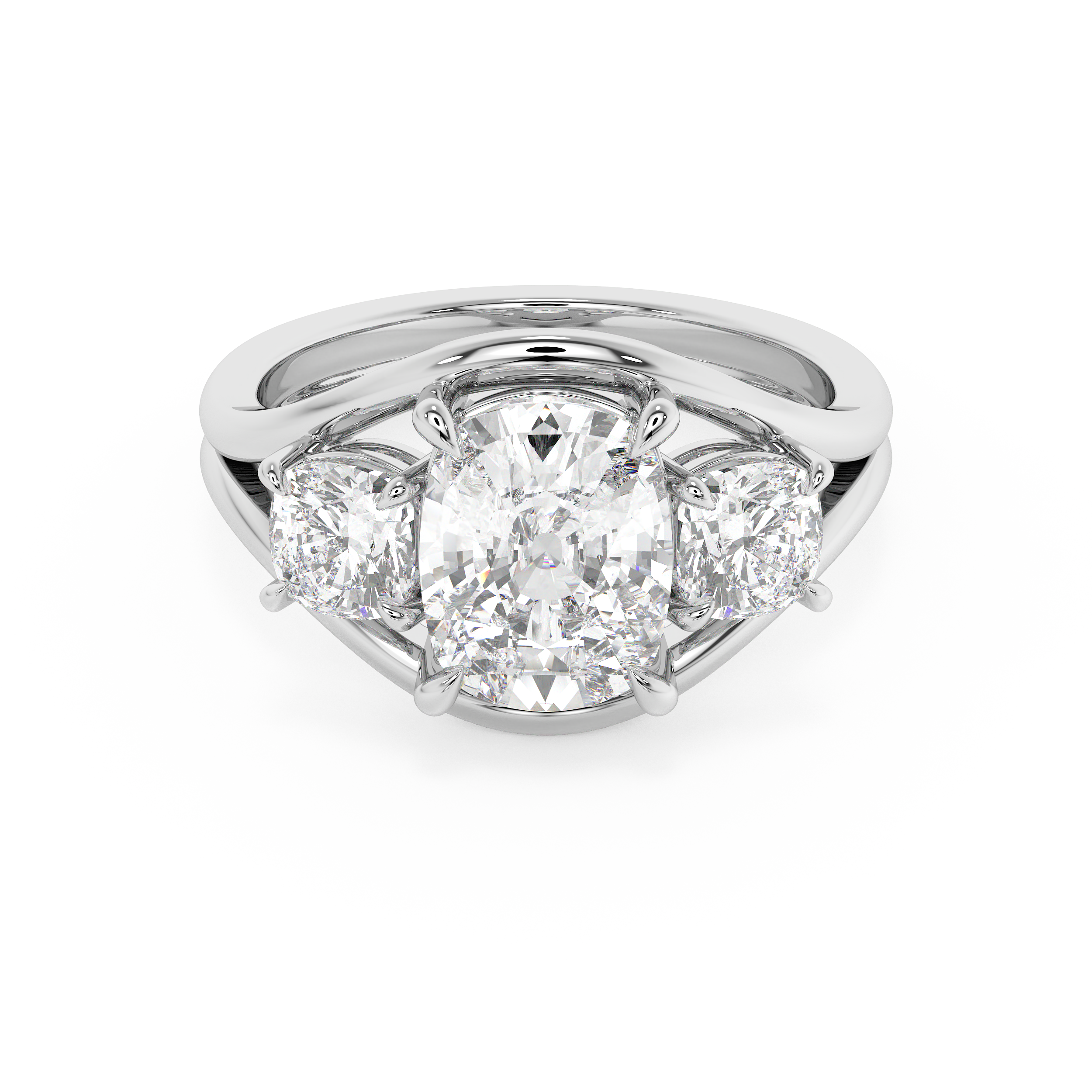 Elongated Cushion Three Stone Split Shank Lab Grown Diamond Engagement Ring