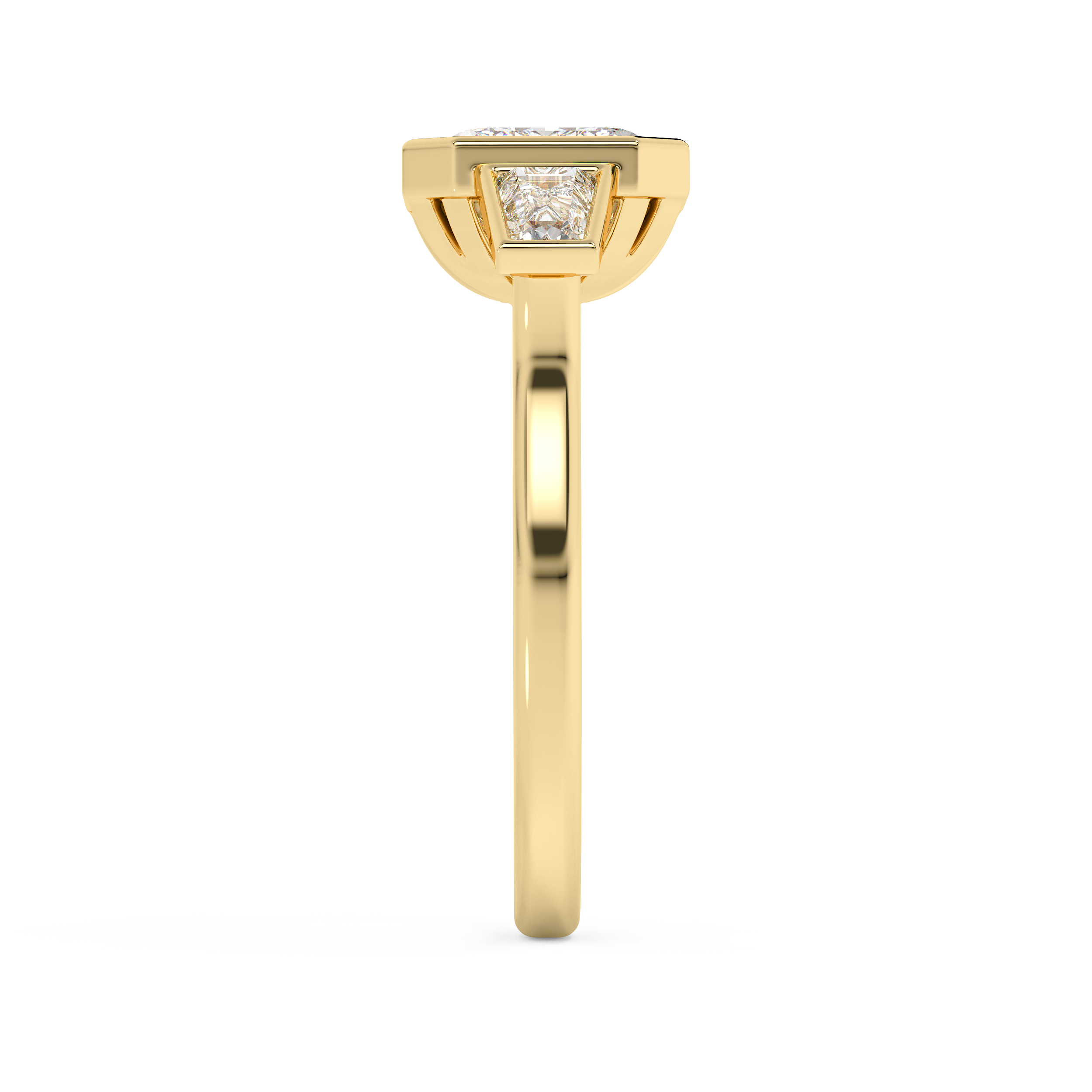East West Emerald Three Stone Bezel Lab Grown Diamond Engagement Ring