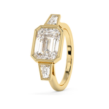 East West Emerald Three Stone Bezel Lab Grown Diamond Engagement Ring
