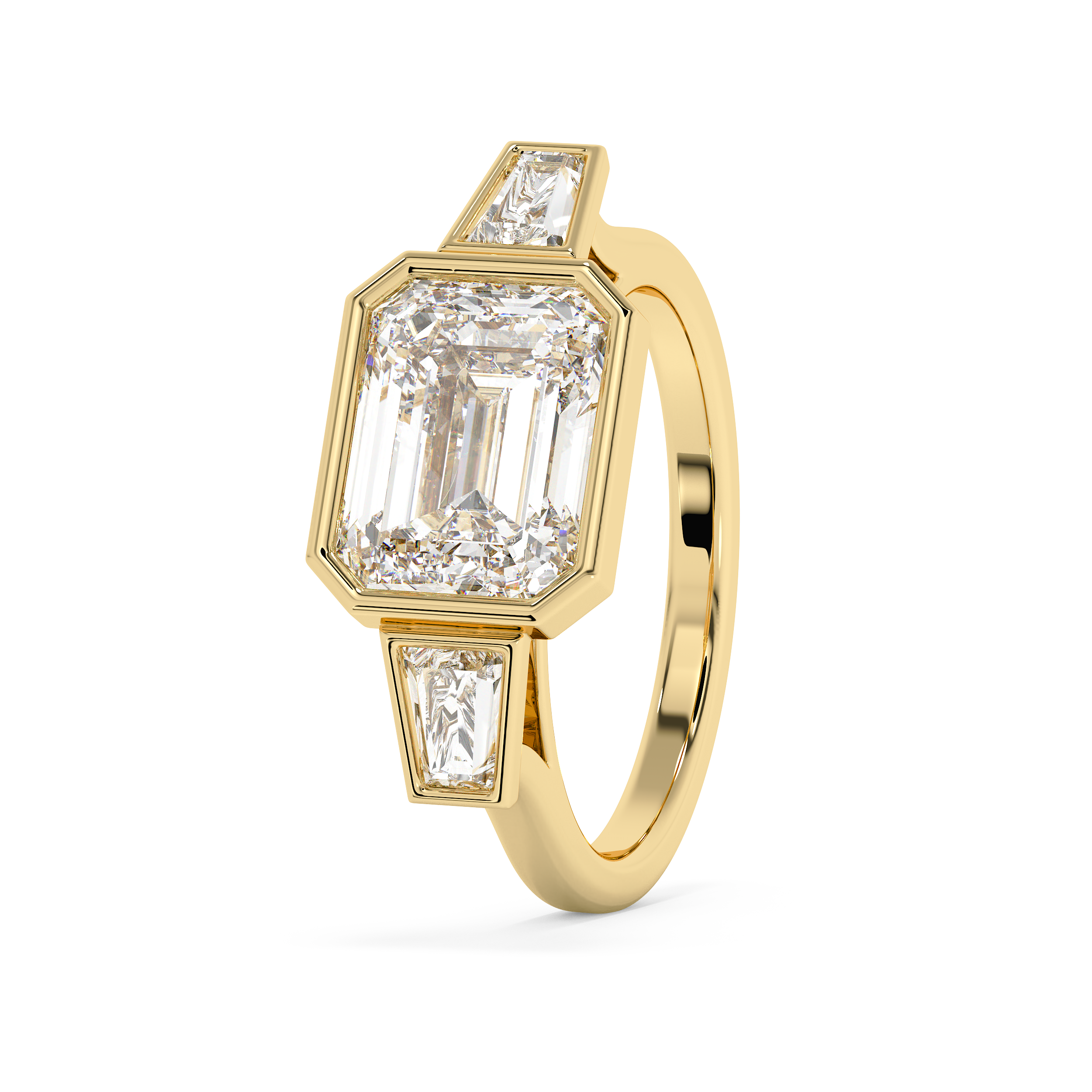 East West Emerald Three Stone Bezel Lab Grown Diamond Engagement Ring