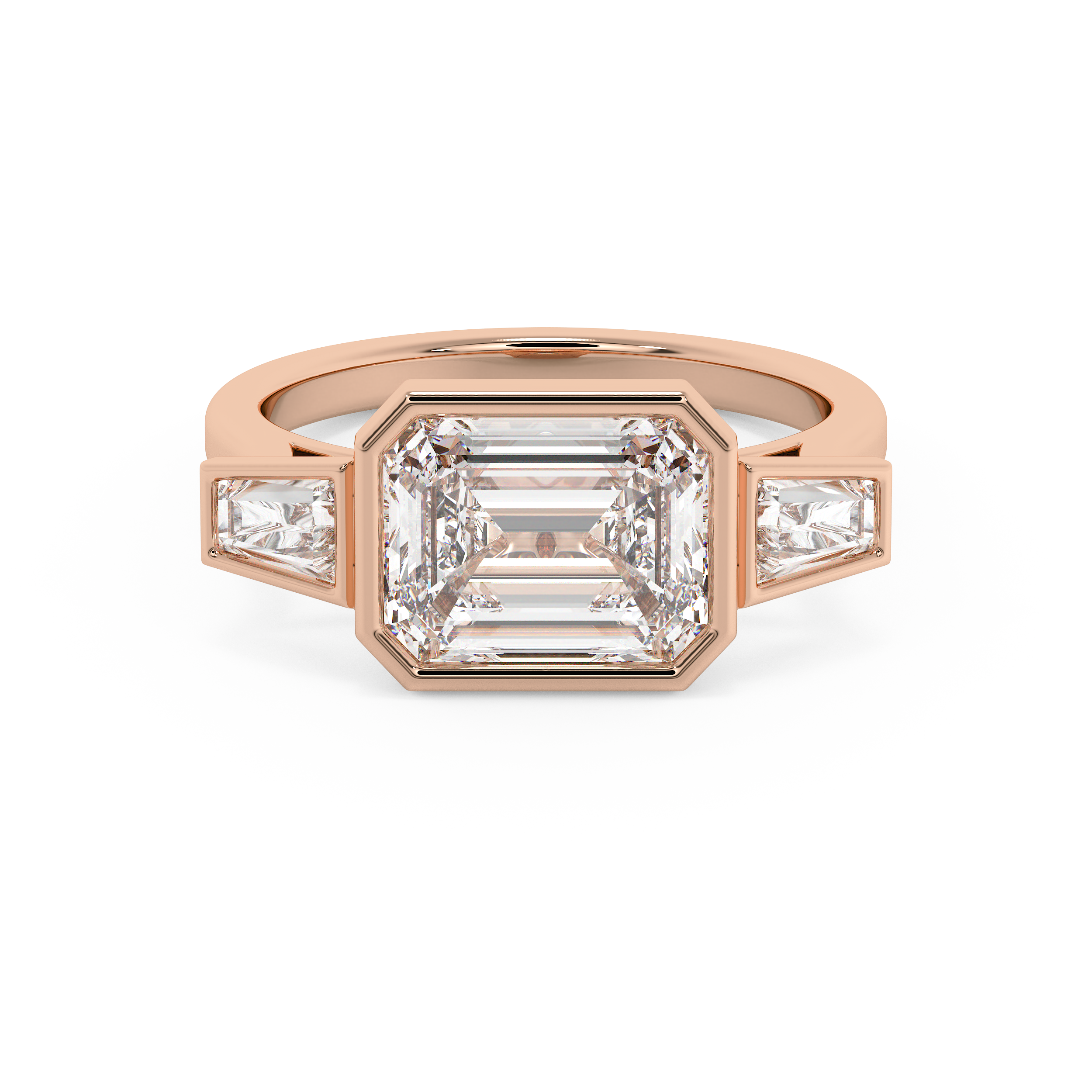 East West Emerald Three Stone Bezel Lab Grown Diamond Engagement Ring