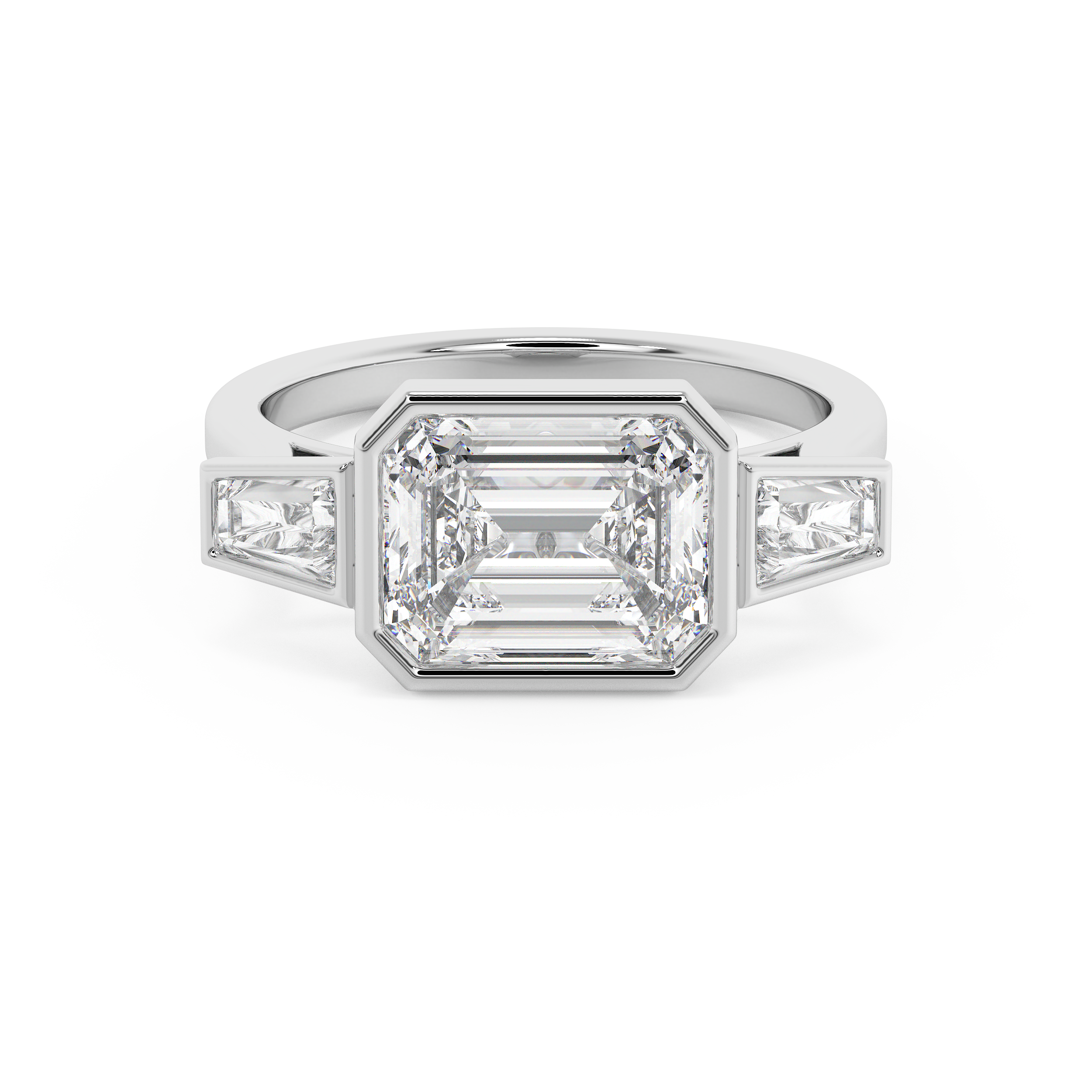 East West Emerald Three Stone Bezel Lab Grown Diamond Engagement Ring