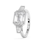East West Emerald Three Stone Bezel Lab Grown Diamond Engagement Ring