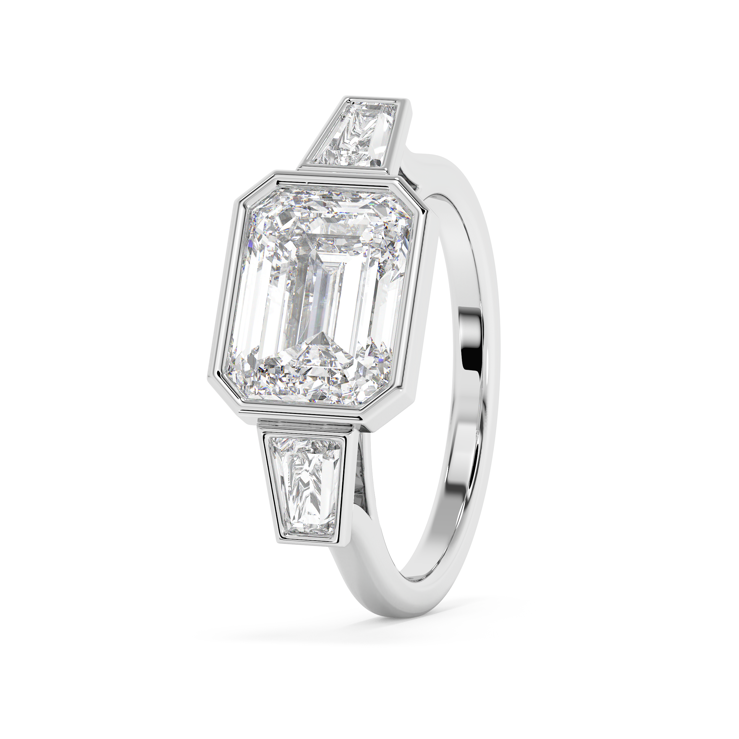 East West Emerald Three Stone Bezel Lab Grown Diamond Engagement Ring
