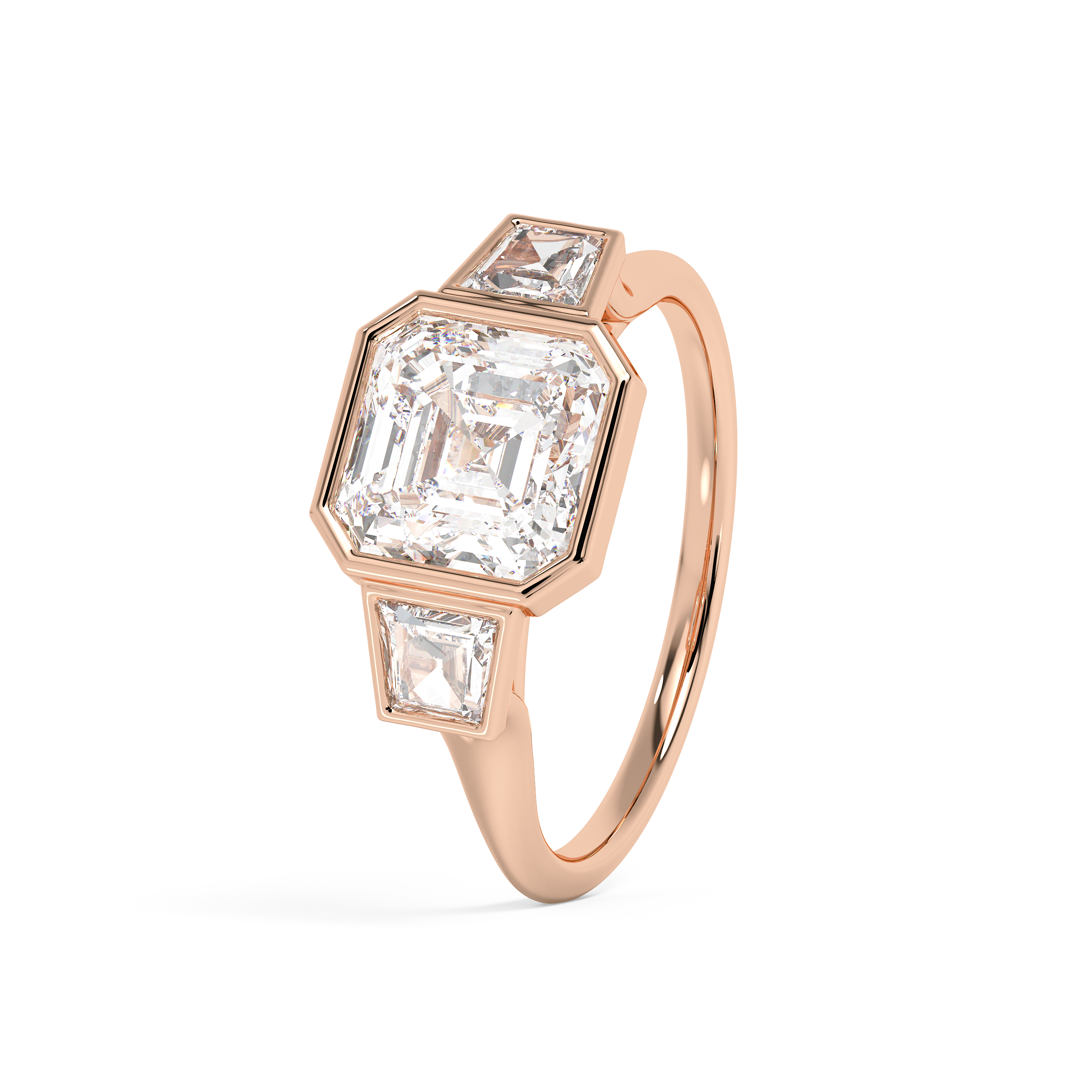 Asscher Three Stone Bezel Lab Grown Diamond Engagement Ring