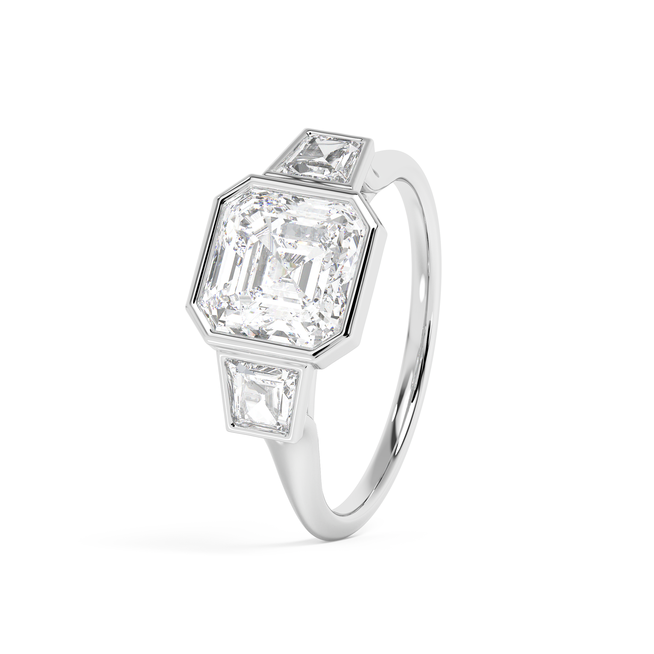 Asscher Three Stone Bezel Lab Grown Diamond Engagement Ring