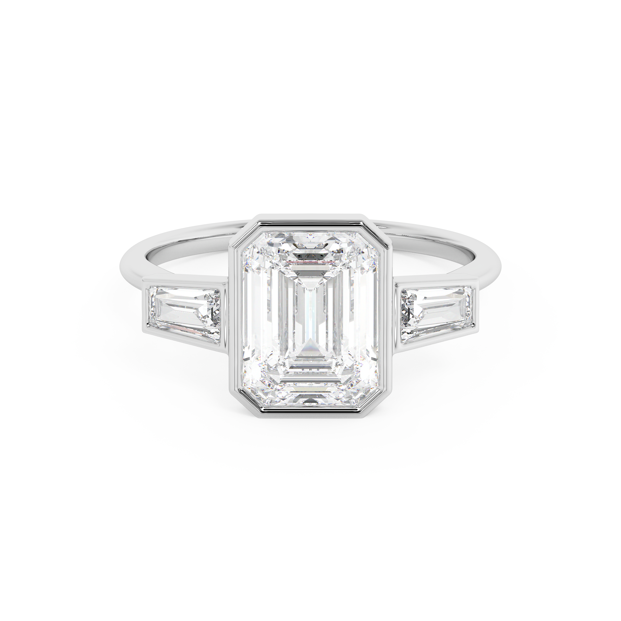 Emerald Three Stone Bezel Lab Grown Diamond Engagement Ring