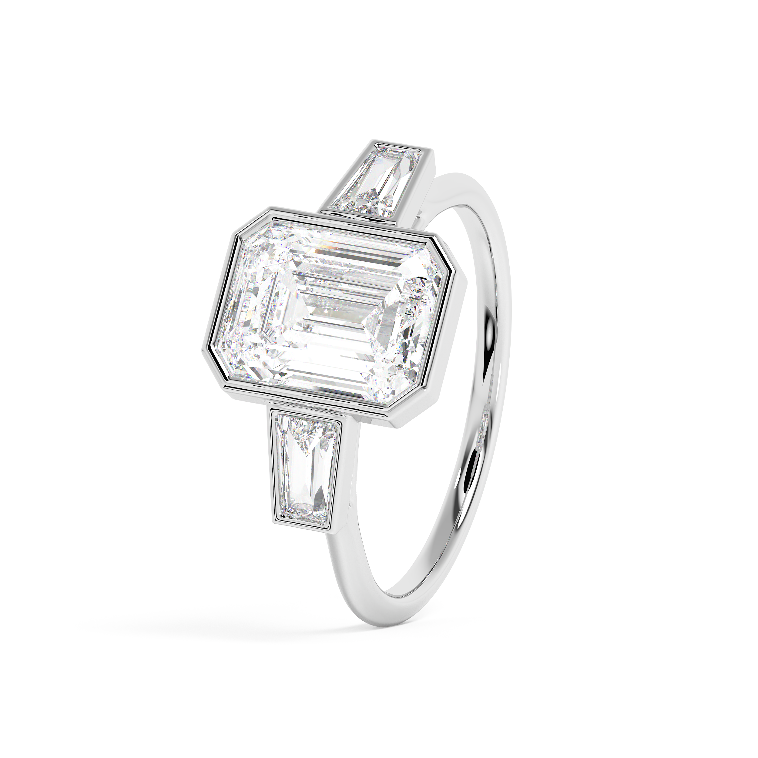 Emerald Three Stone Bezel Lab Grown Diamond Engagement Ring