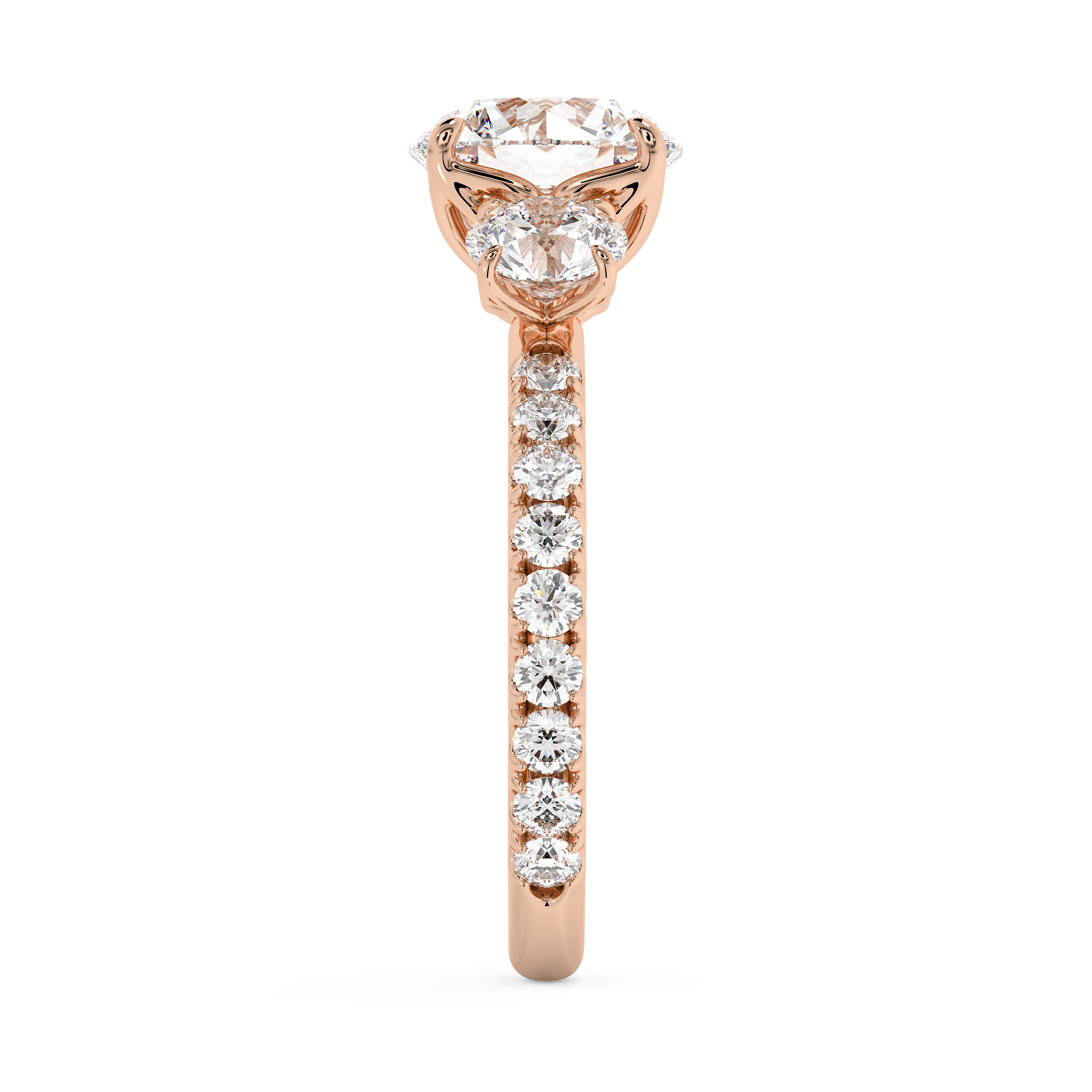 Round Three Stone Pave Lab Grown Diamond Engagement Ring