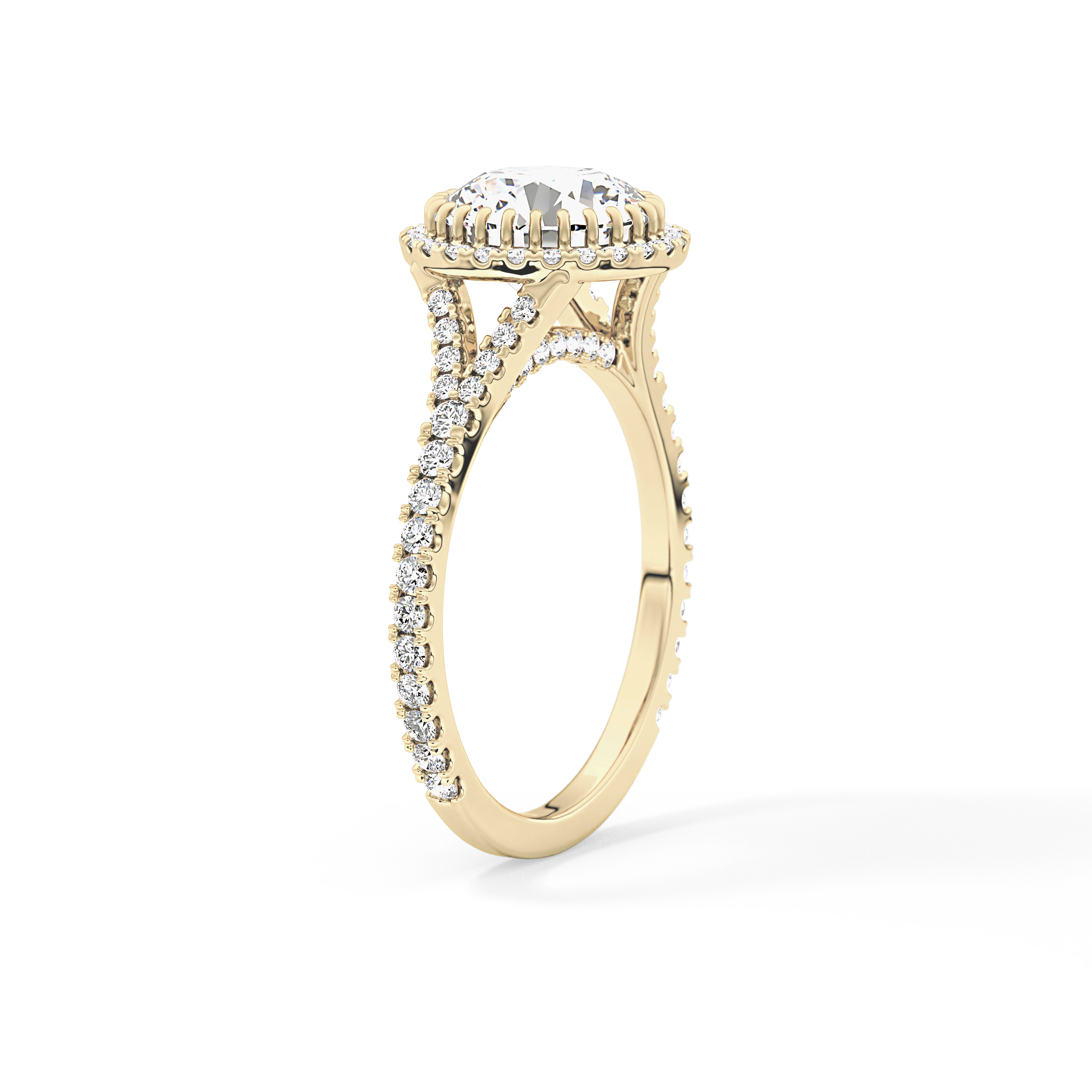 Round Halo & Pave Split Shank Lab Grown Diamond Engagement Ring