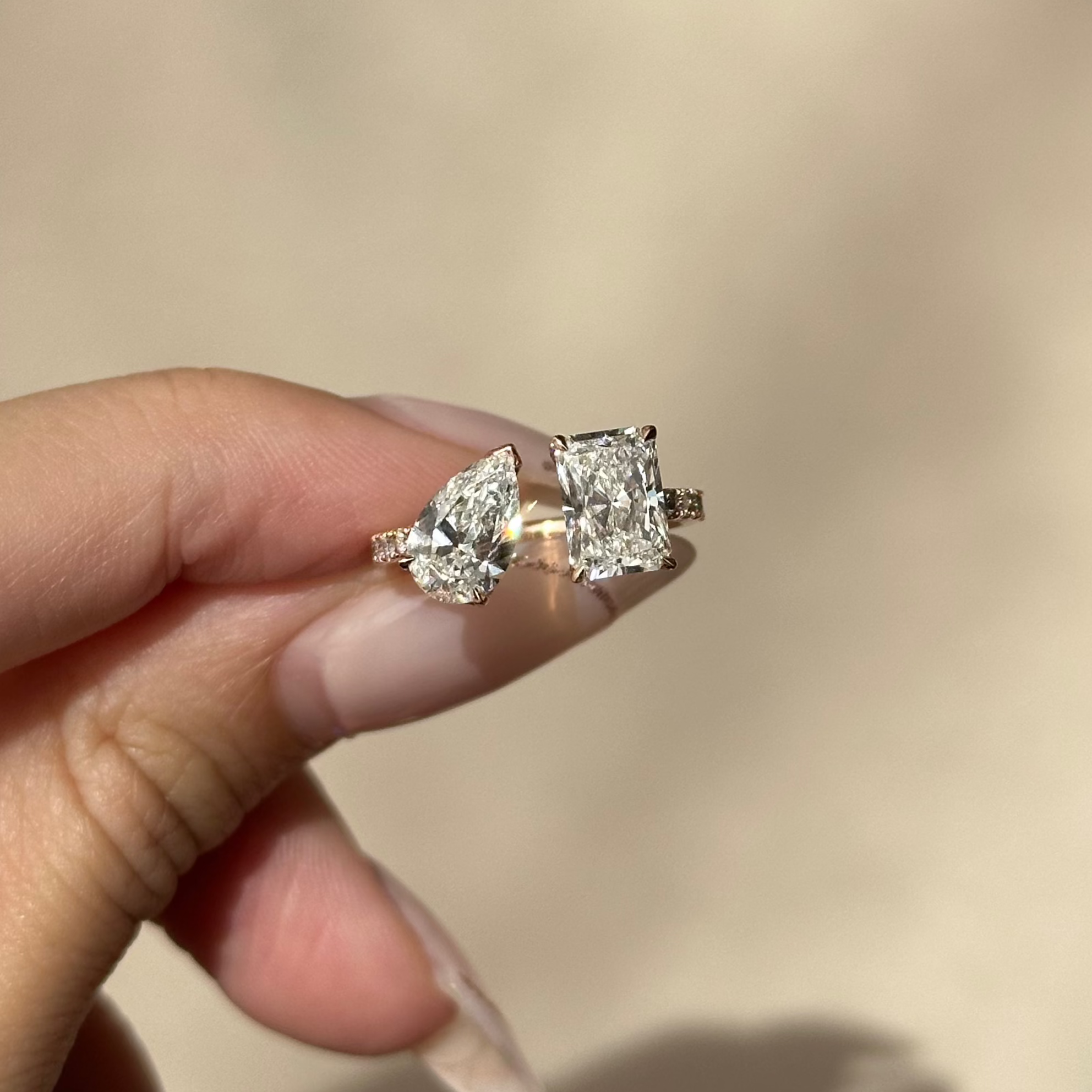 2.5 TCW Radiant & Pear Toi Et Moi Open Shank Pave Lab Grown Diamond Engagement Ring