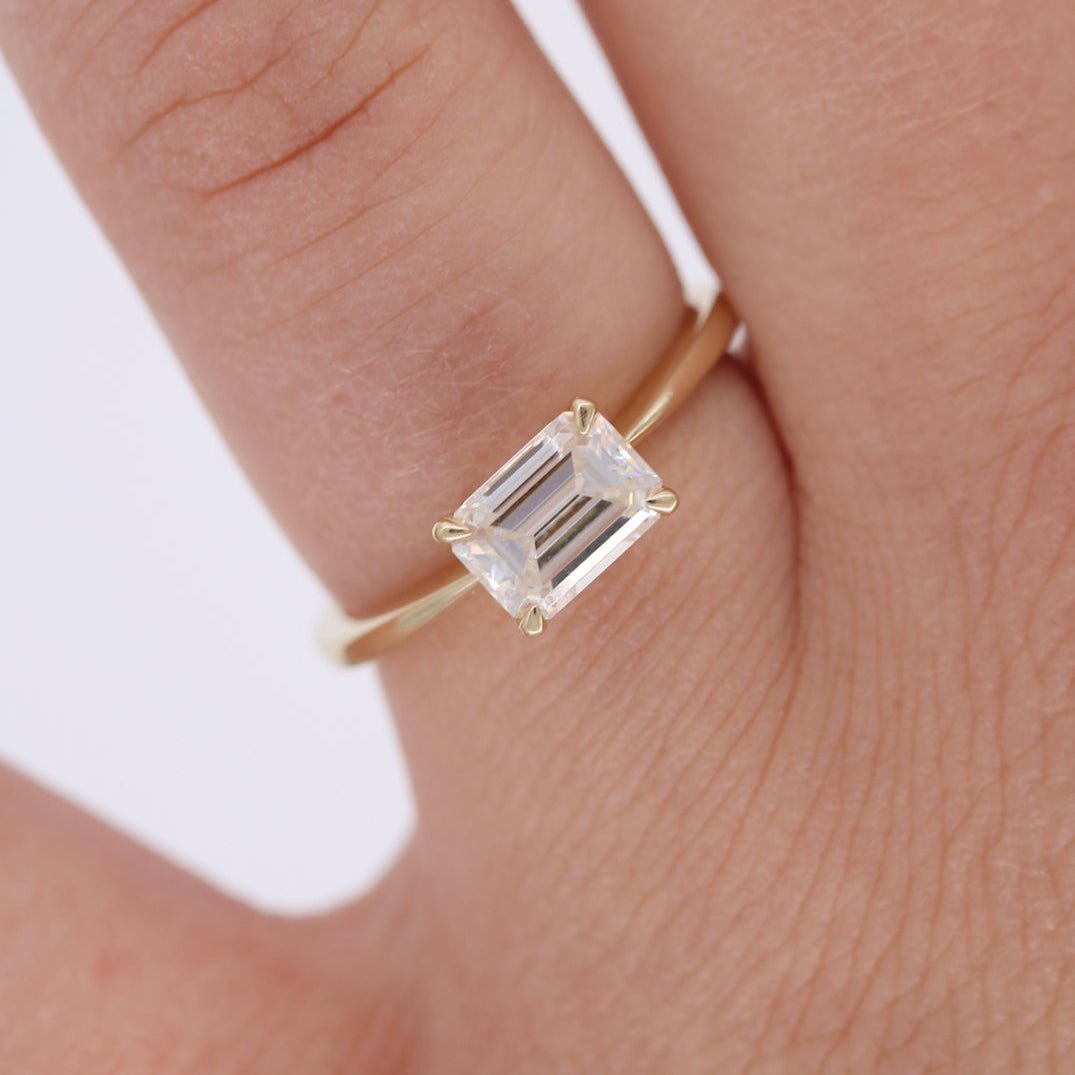 East West Emerald Solitaire Lab Grown Diamond Engagement Ring