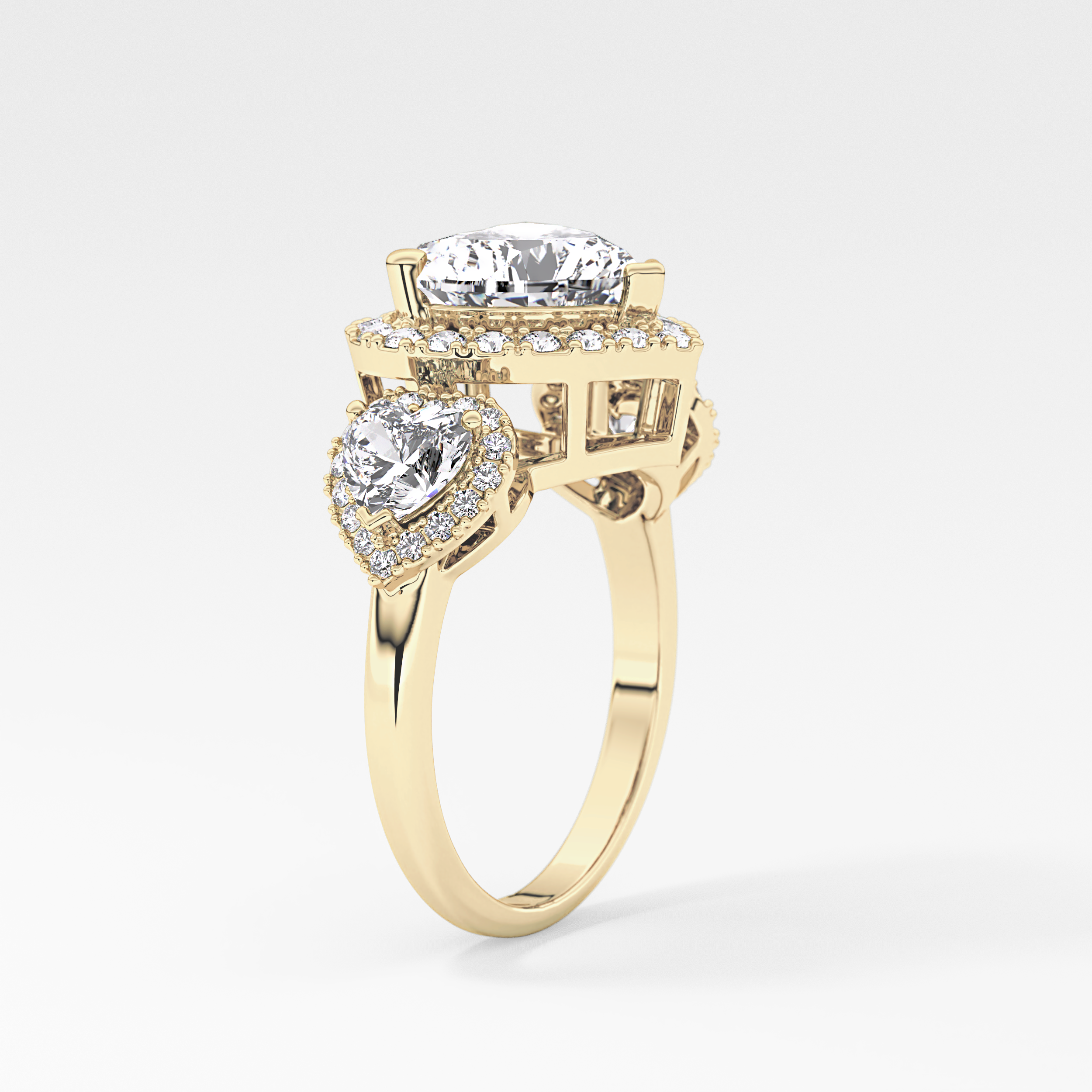 Heart Three Stone & Halo Lab Grown Diamond Engagement Ring
