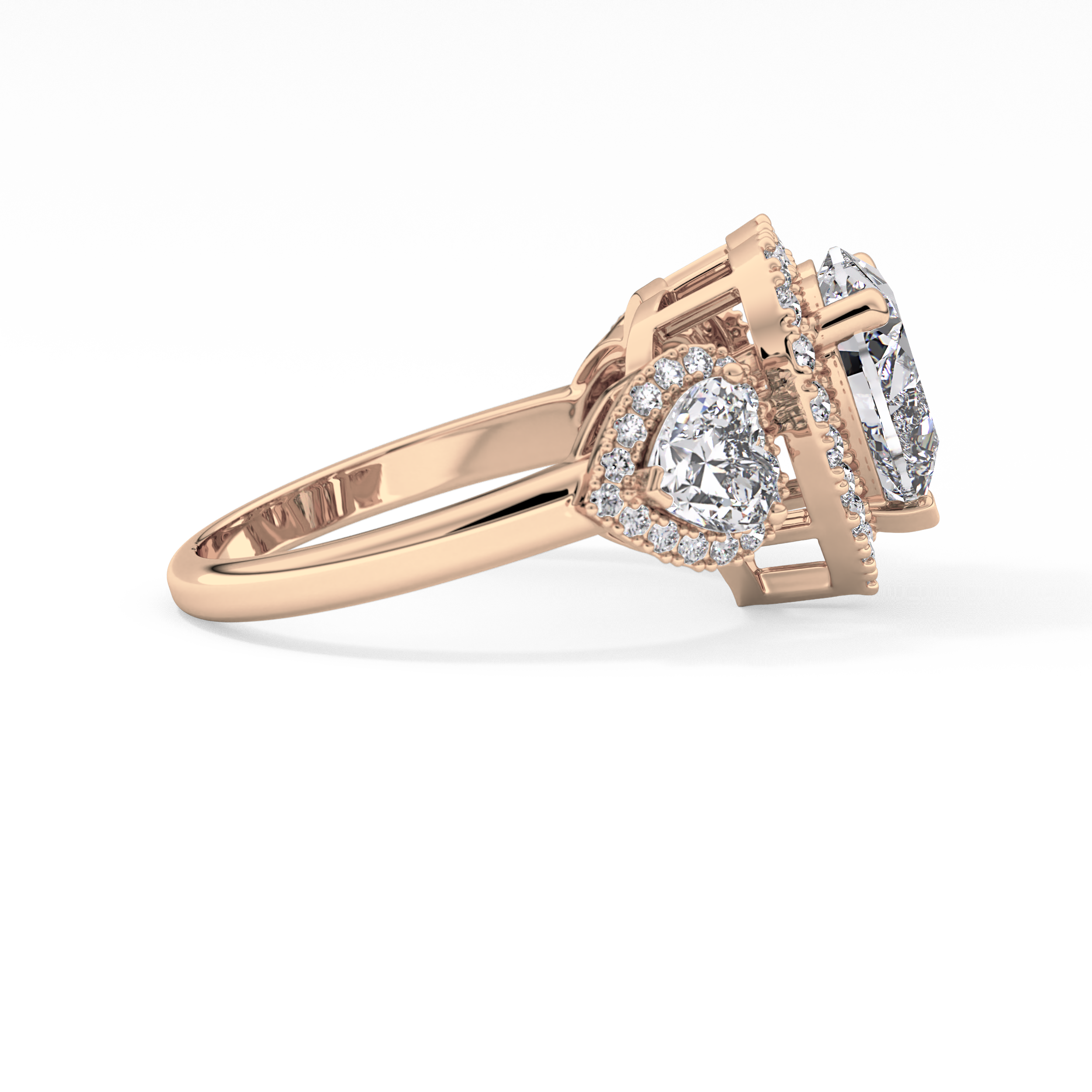 Heart Three Stone & Halo Lab Grown Diamond Engagement Ring