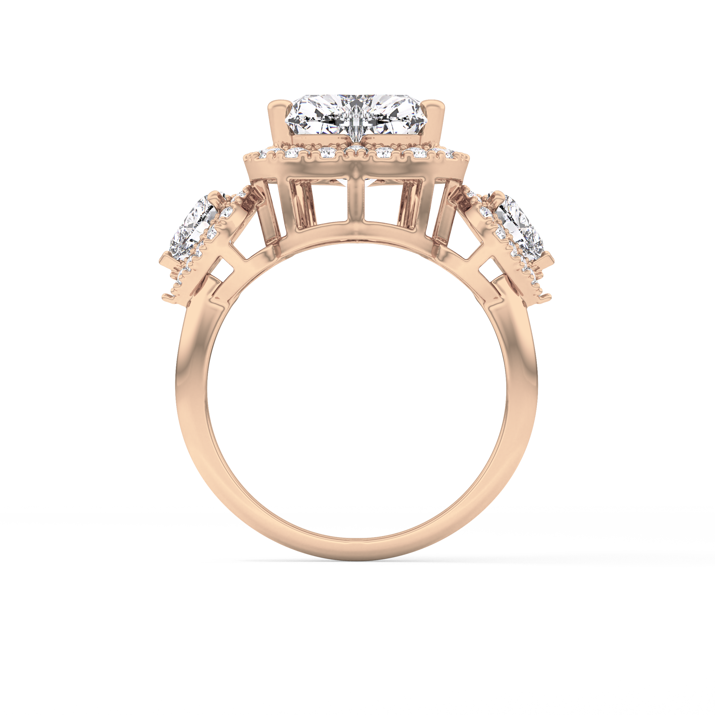 Heart Three Stone & Halo Lab Grown Diamond Engagement Ring