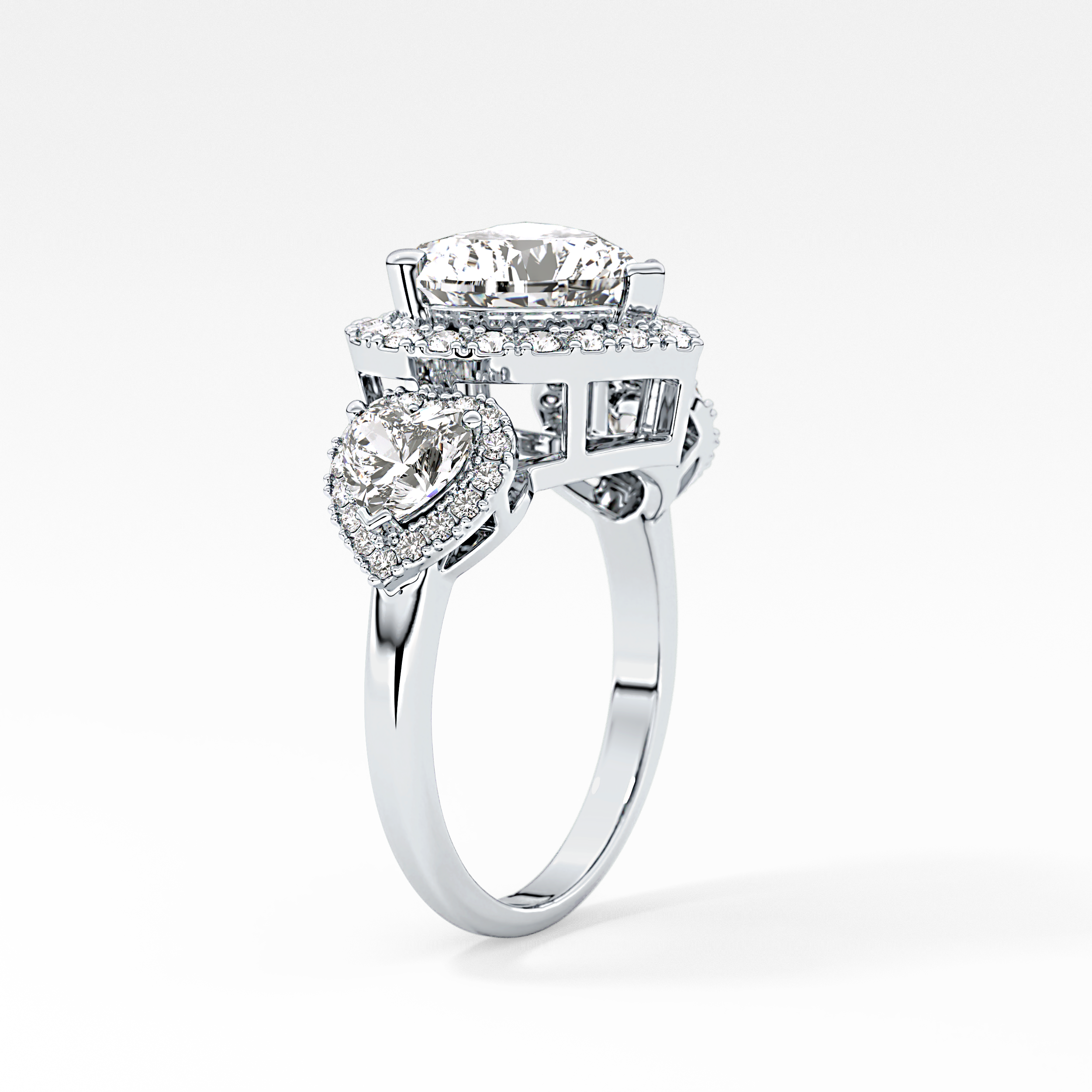 Heart Three Stone & Halo Lab Grown Diamond Engagement Ring