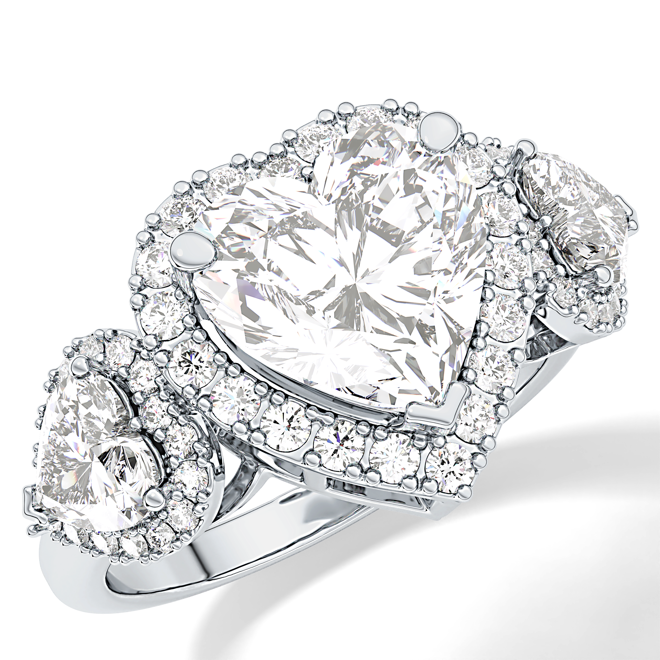 Heart Three Stone & Halo Lab Grown Diamond Engagement Ring