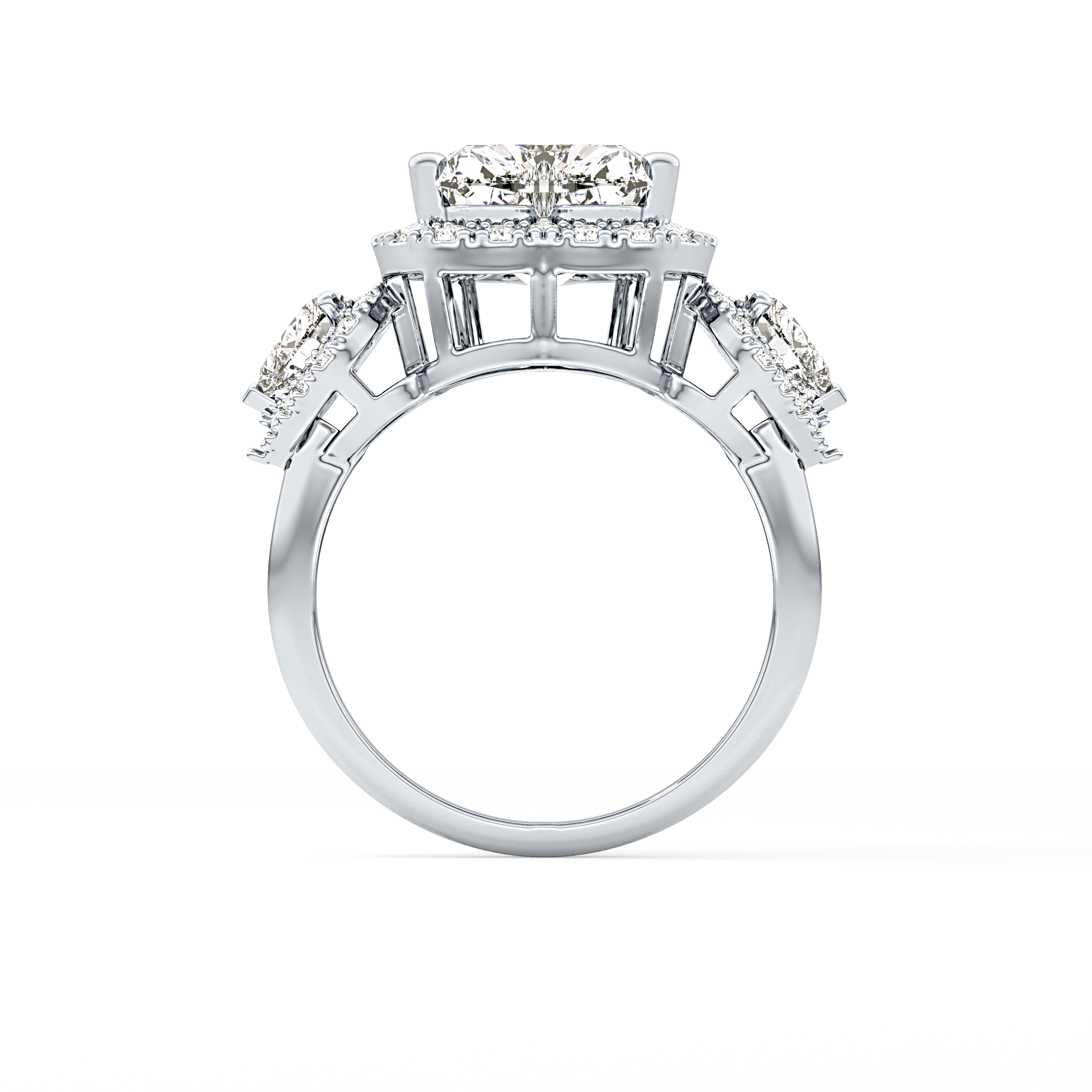 Heart Three Stone & Halo Lab Grown Diamond Engagement Ring
