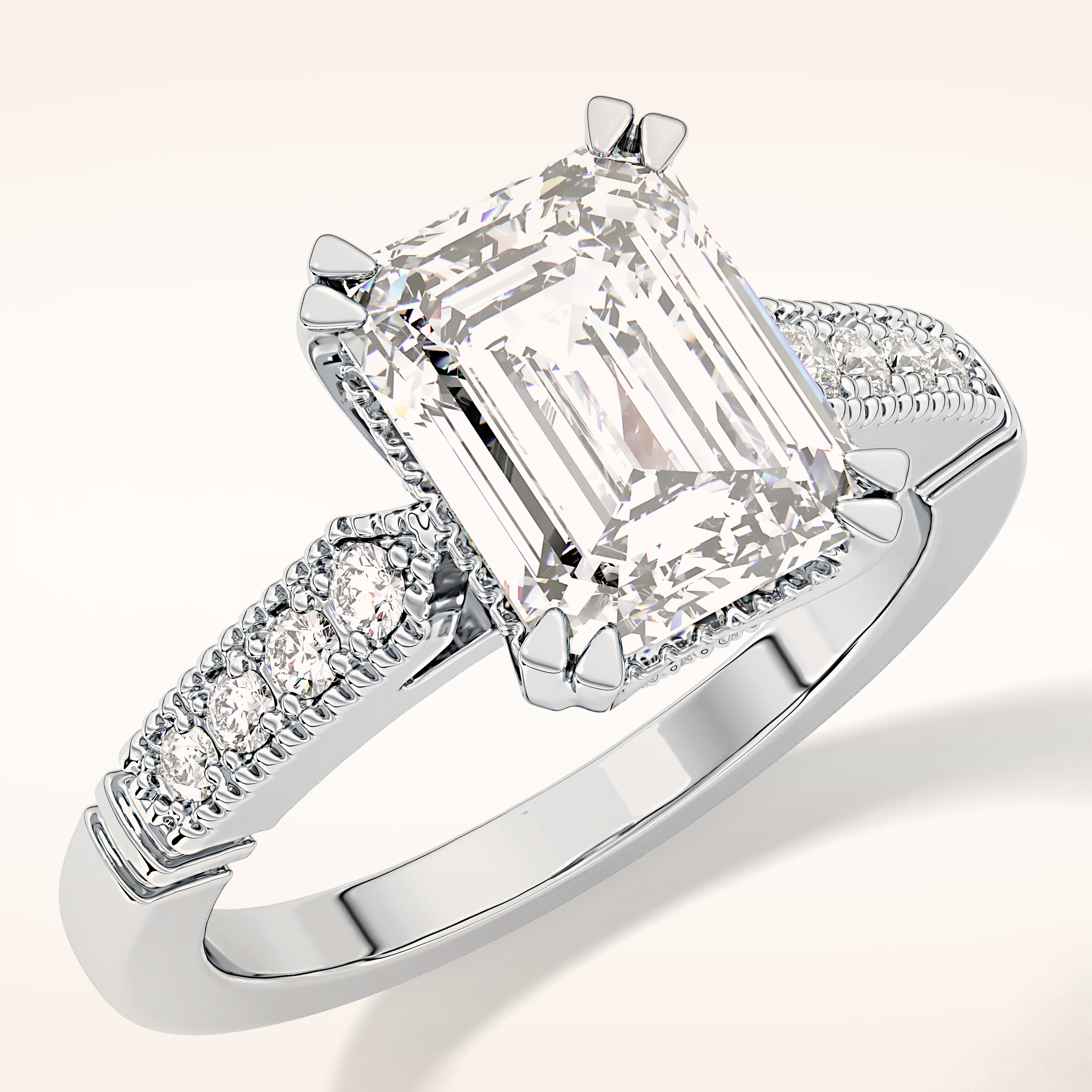 2.56 CT Emerald Shaped Pave Moissanite Engagement Ring