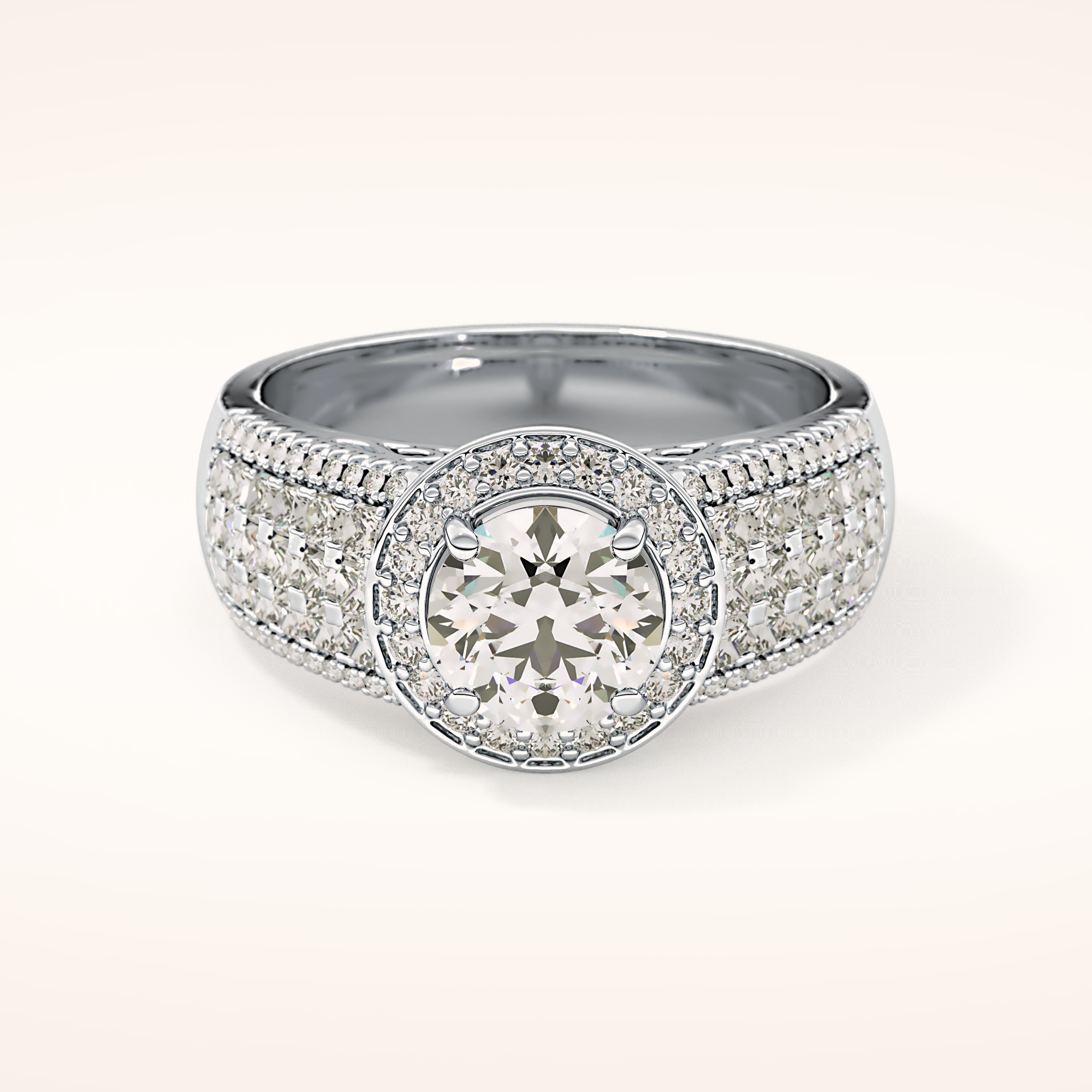 1.51 CT Round Shaped Halo & Triple Pave Moissanite Engagement Ring