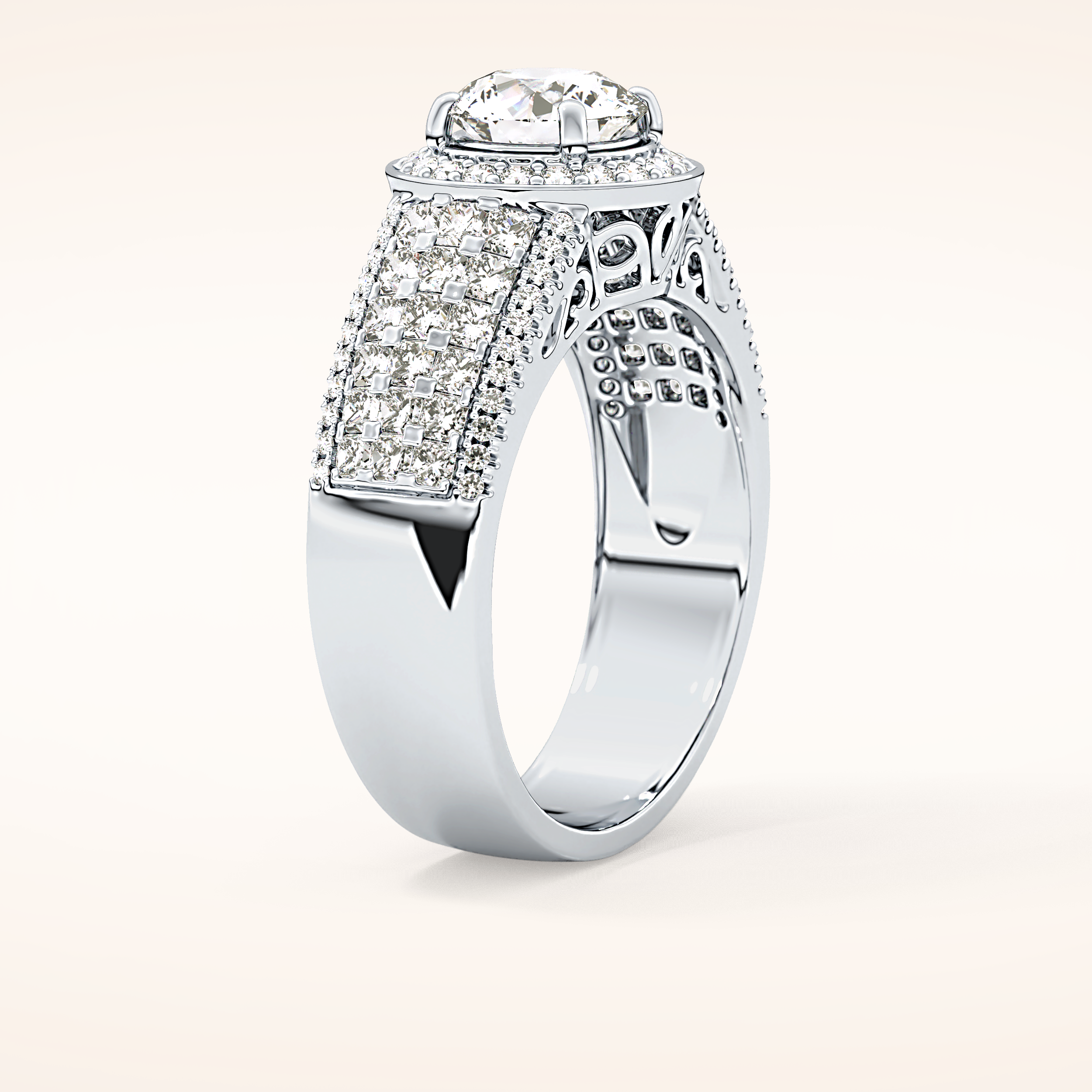 1.51 CT Round Shaped Halo & Triple Pave Moissanite Engagement Ring