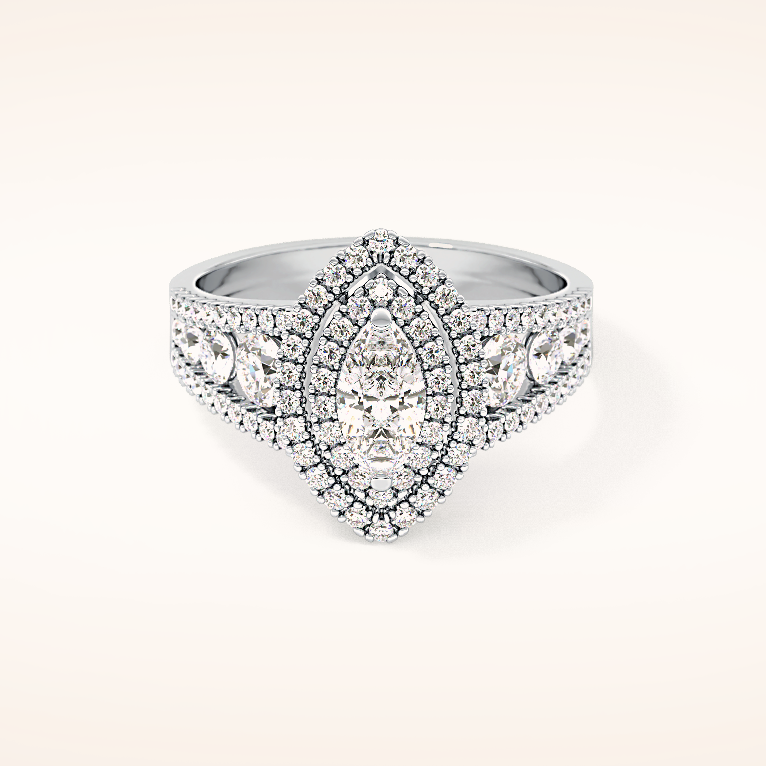 0.45 CT Marquise Shaped Double Halo & Pave Moissanite Engagement Ring