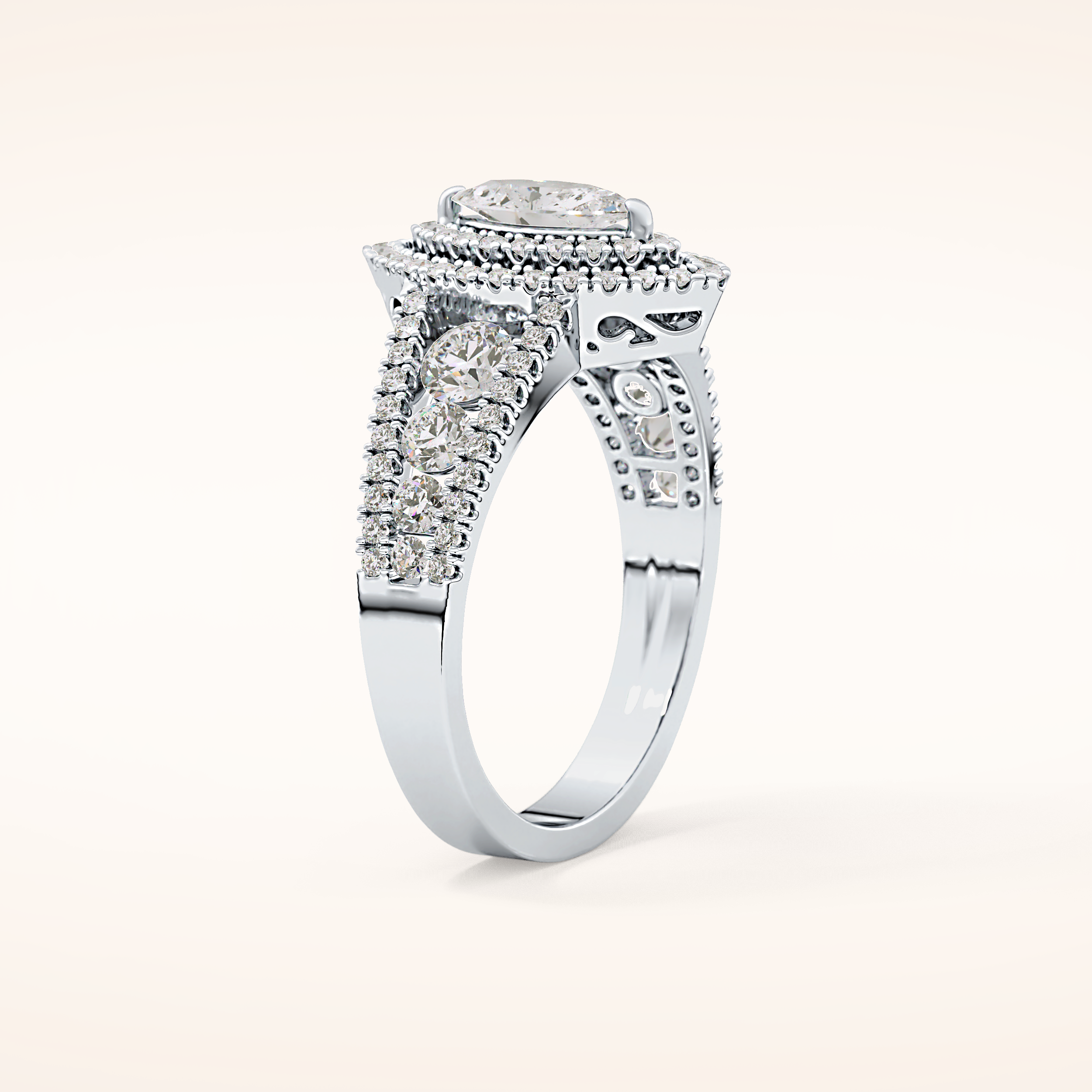 0.45 CT Marquise Shaped Double Halo & Pave Moissanite Engagement Ring