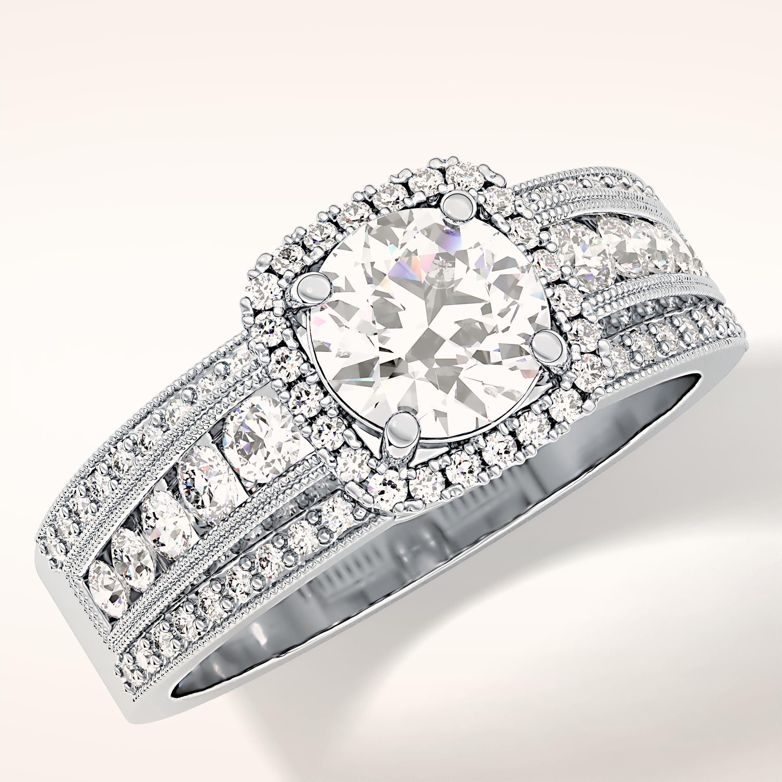 0.79 CT Round Shaped Halo & Triple Pave Moissanite Engagement Ring