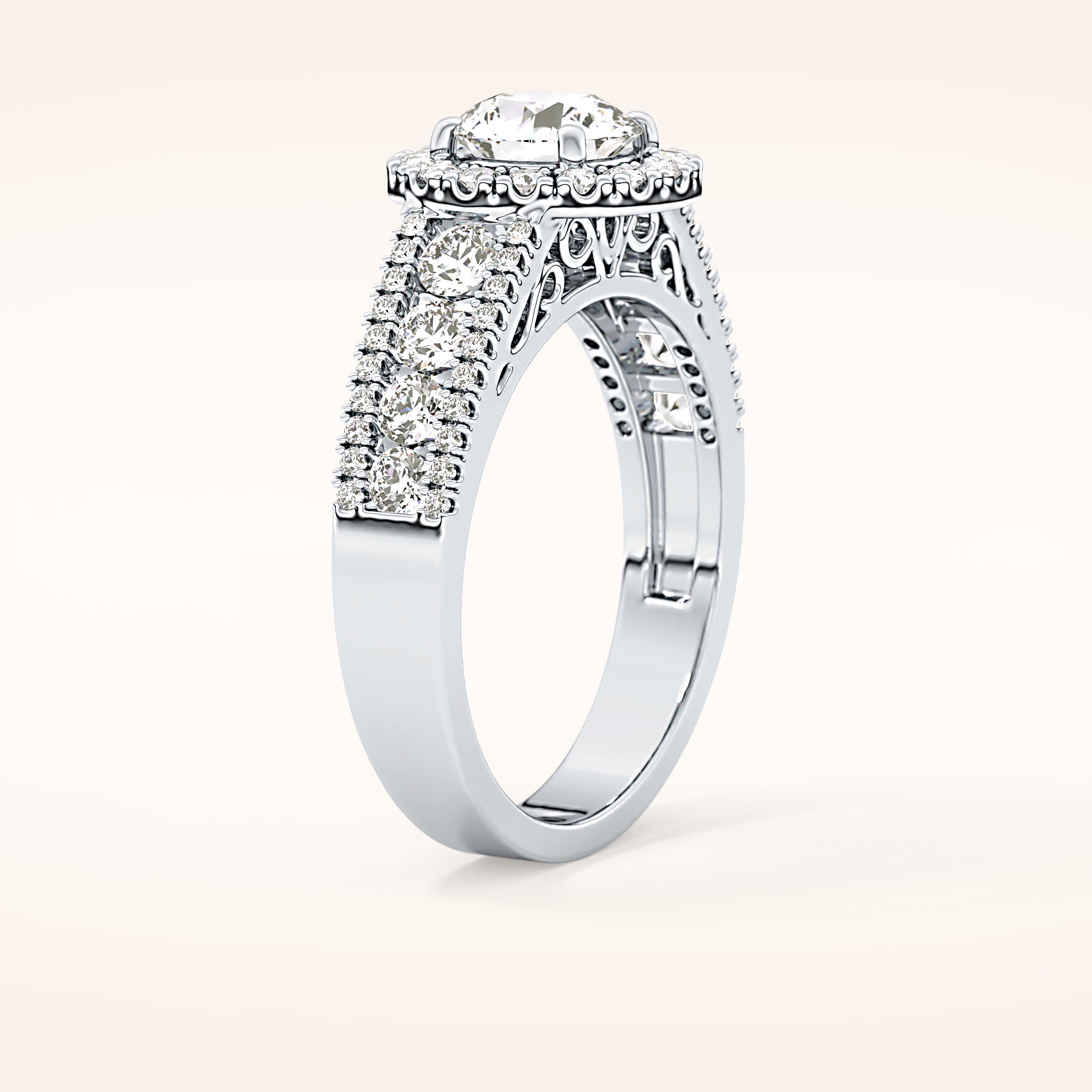 1.28 CT Round Shaped Halo & Triple Pave Moissanite Engagement Ring