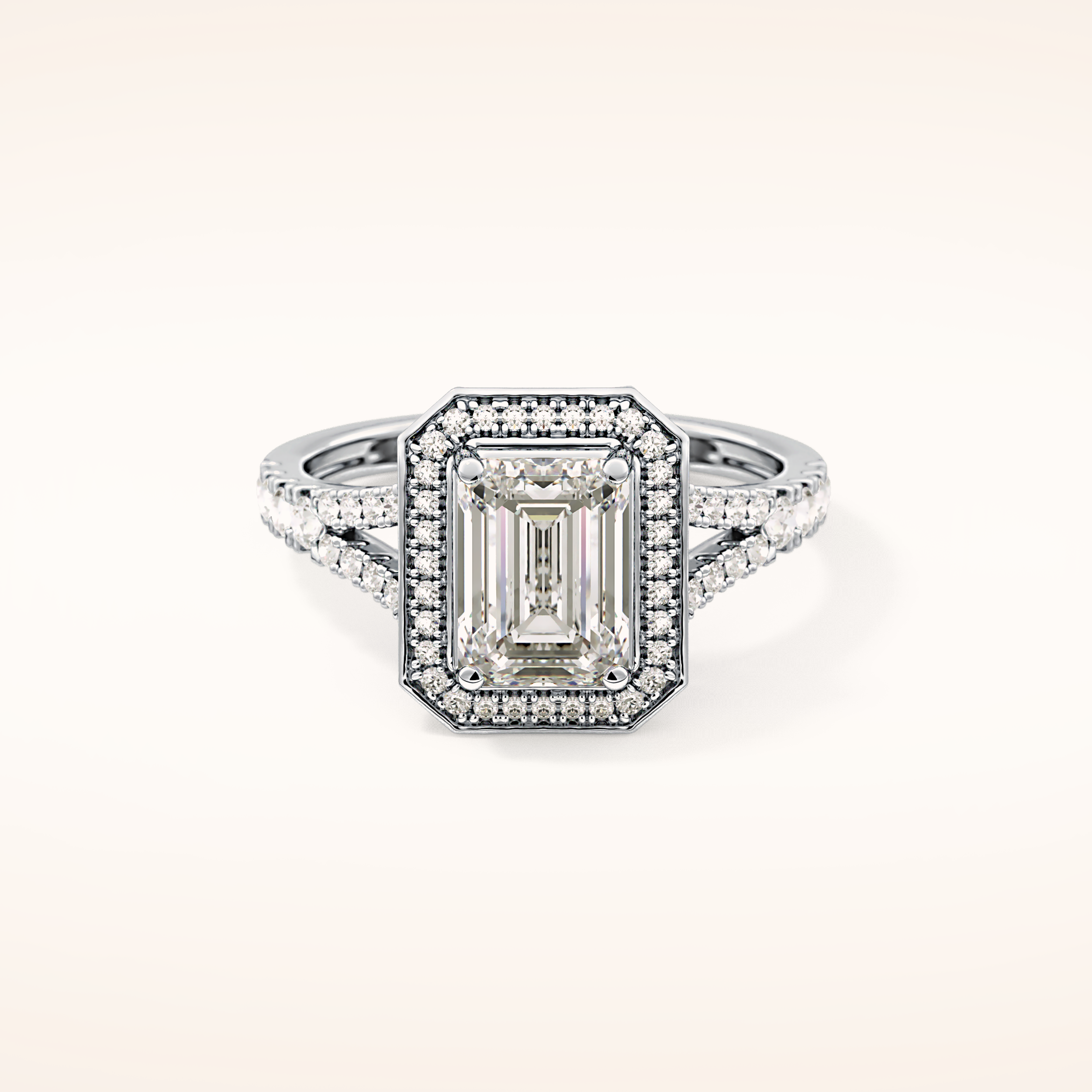 1.41 CT Emerald Shaped Halo & Pave Moissanite Engagement Ring