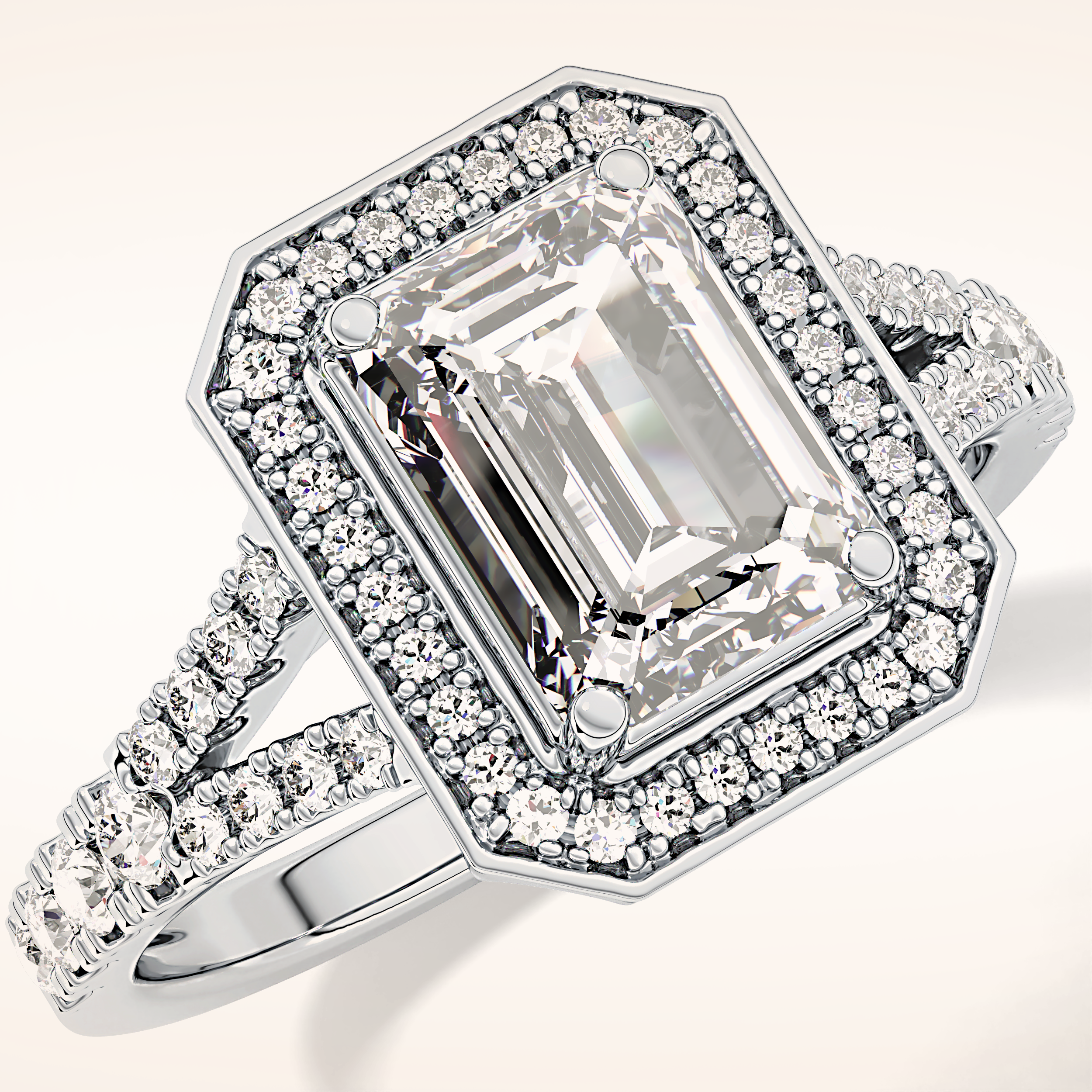 1.41 CT Emerald Shaped Halo & Pave Moissanite Engagement Ring